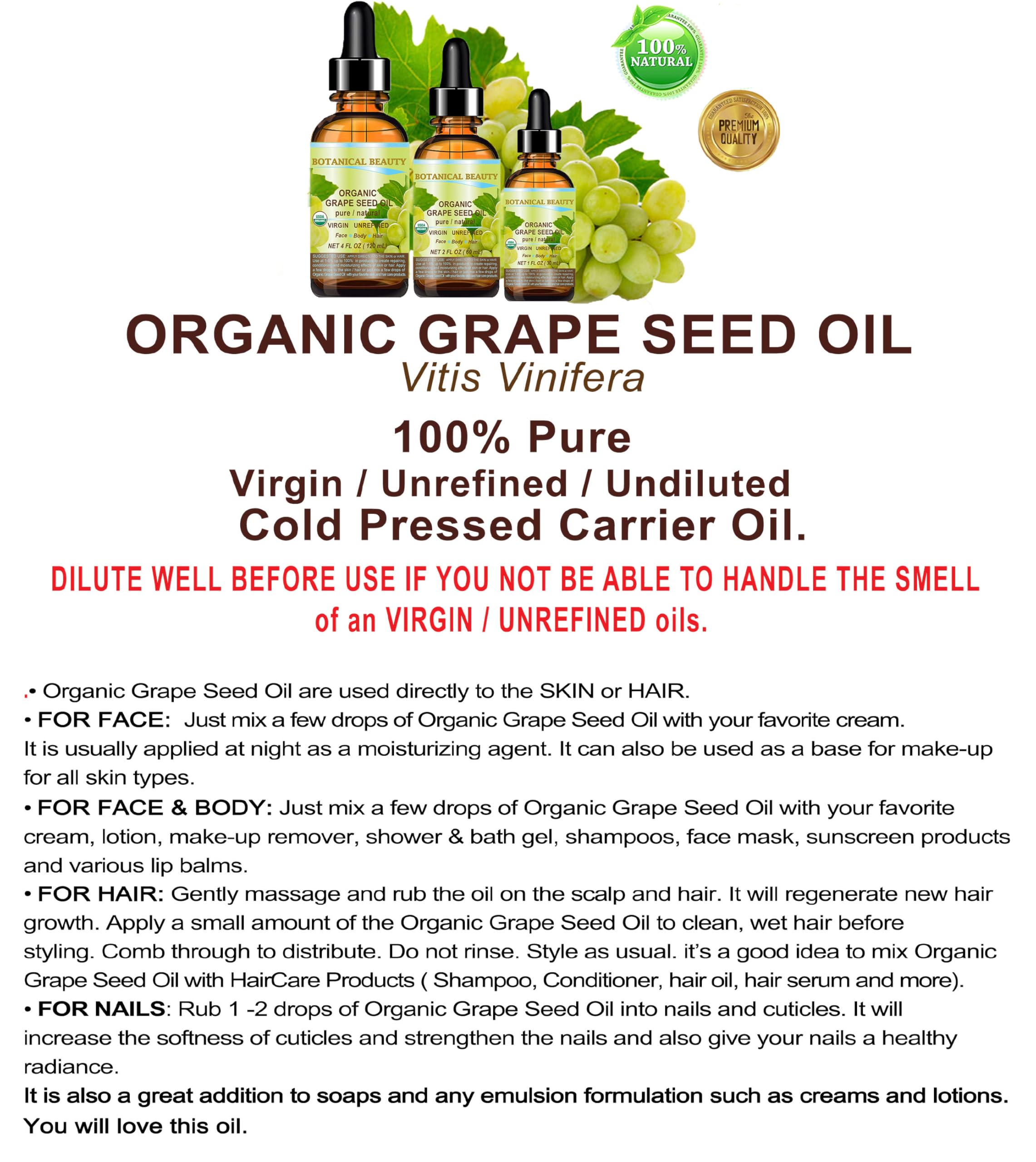 Botanical Beauty Organic GRAPE SEED OIL 100% Pure Natural VIRGIN UNREFINED Cold-Pressed Carrier Oil 1 Fl oz 30 ml for Face, Skin, Body, Hair, Lip, Nails, Massage. Rich in Vitamin E