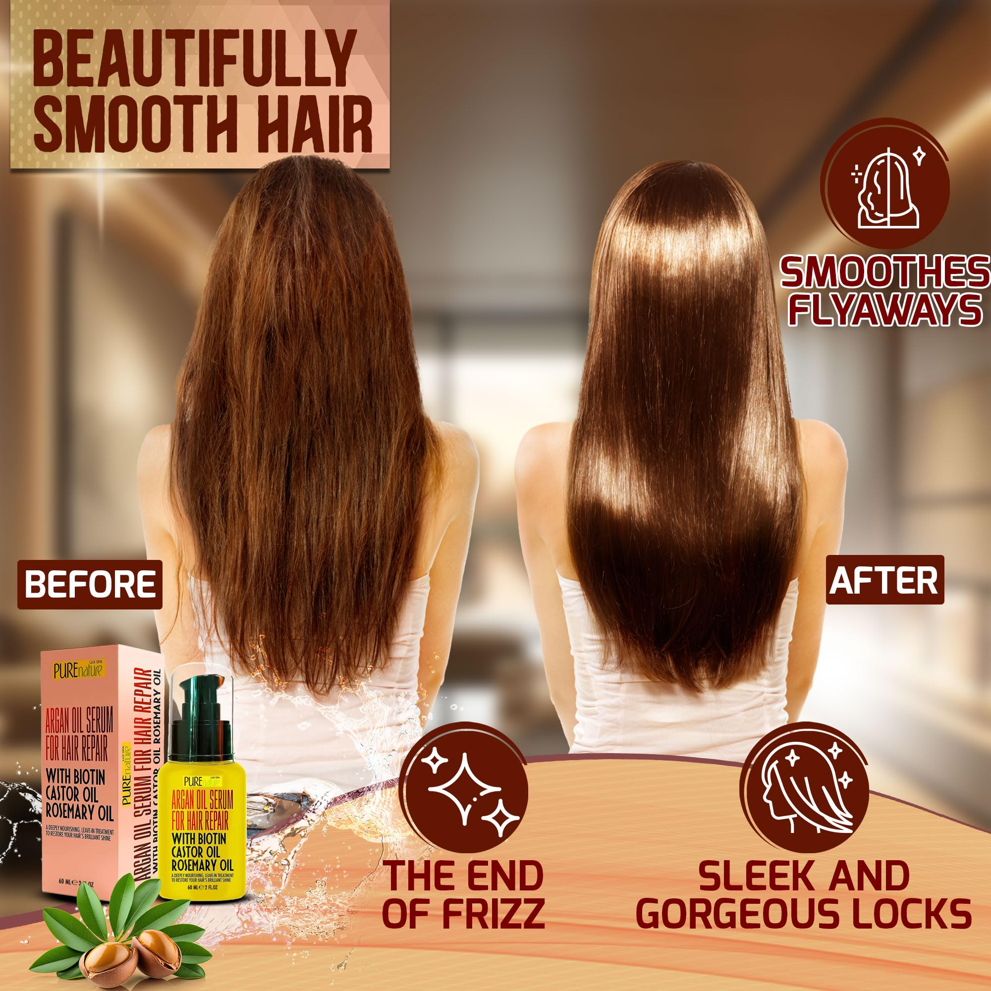 Moroccan Argan Oil Hair Serum - Rescue Frizzy and Damaged Locks - With Heat Protectant and Straightening Properties - Hydrating Anti Frizz Products For Curly and Straight Hair with Split Ends