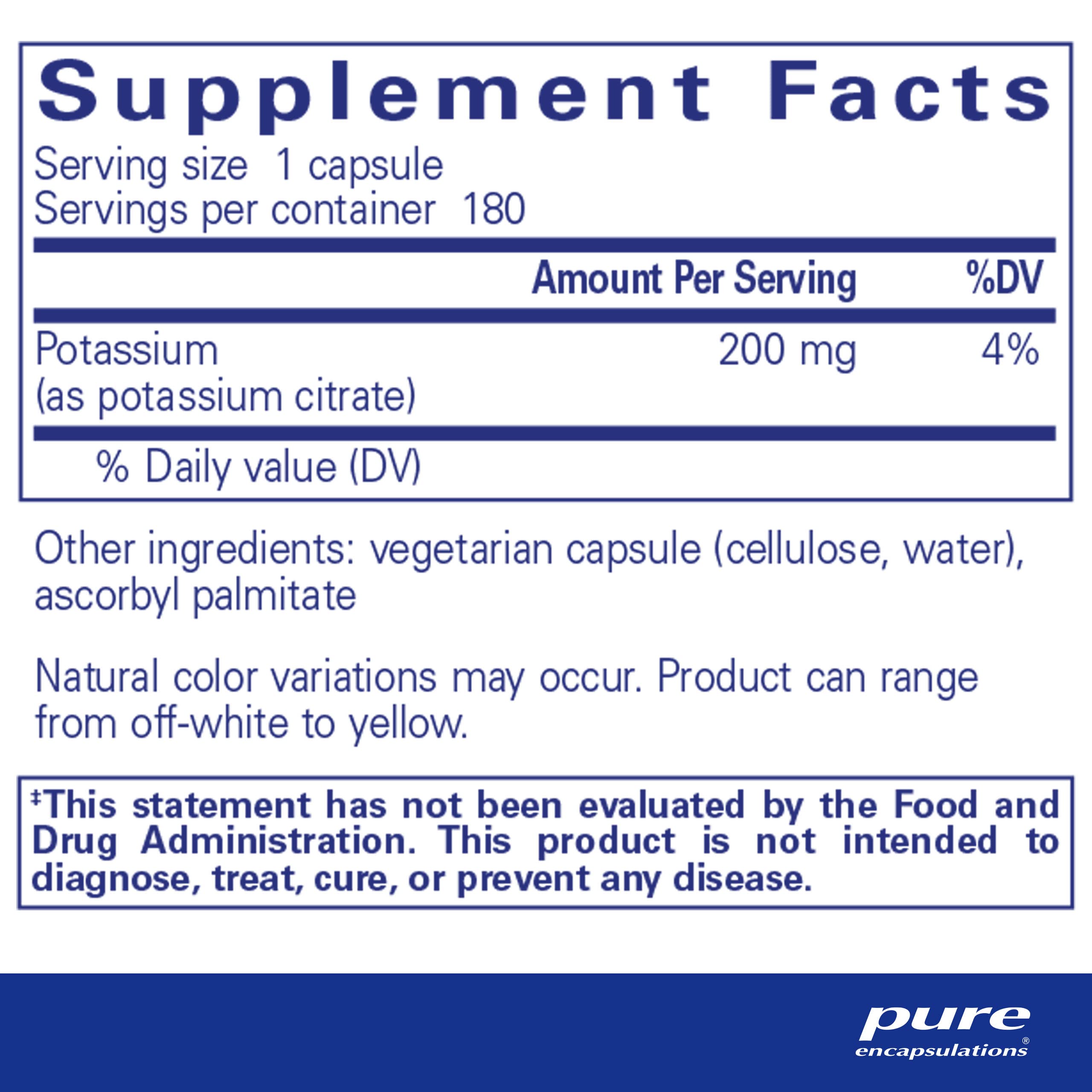 Pure Encapsulations Potassium (Citrate) - Essential Electrolyte Supplement to Support Nerve & Muscle Function, Adrenals, Hormones, Heart Health & Energy* - Potassium Citrate Capsule - 180 Capsules