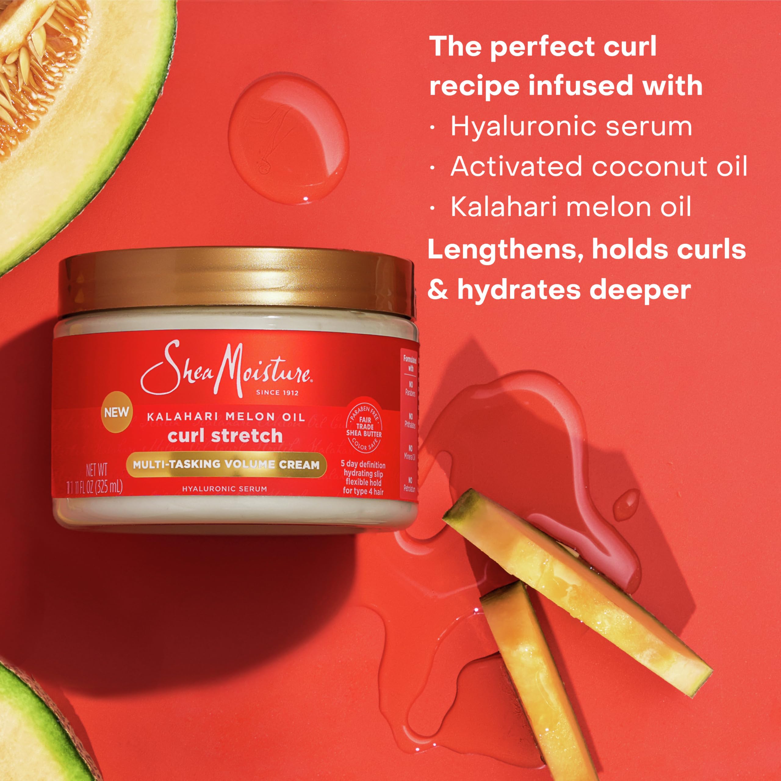 SheaMoisture Curl Stretch Multi-tasking Volume Cream Kalahari Melon Oil and a Tropical Vacation Scent With Hydrating Hyaluronic Serum, Defines Type 4 Curls For Days 11 Fl Oz