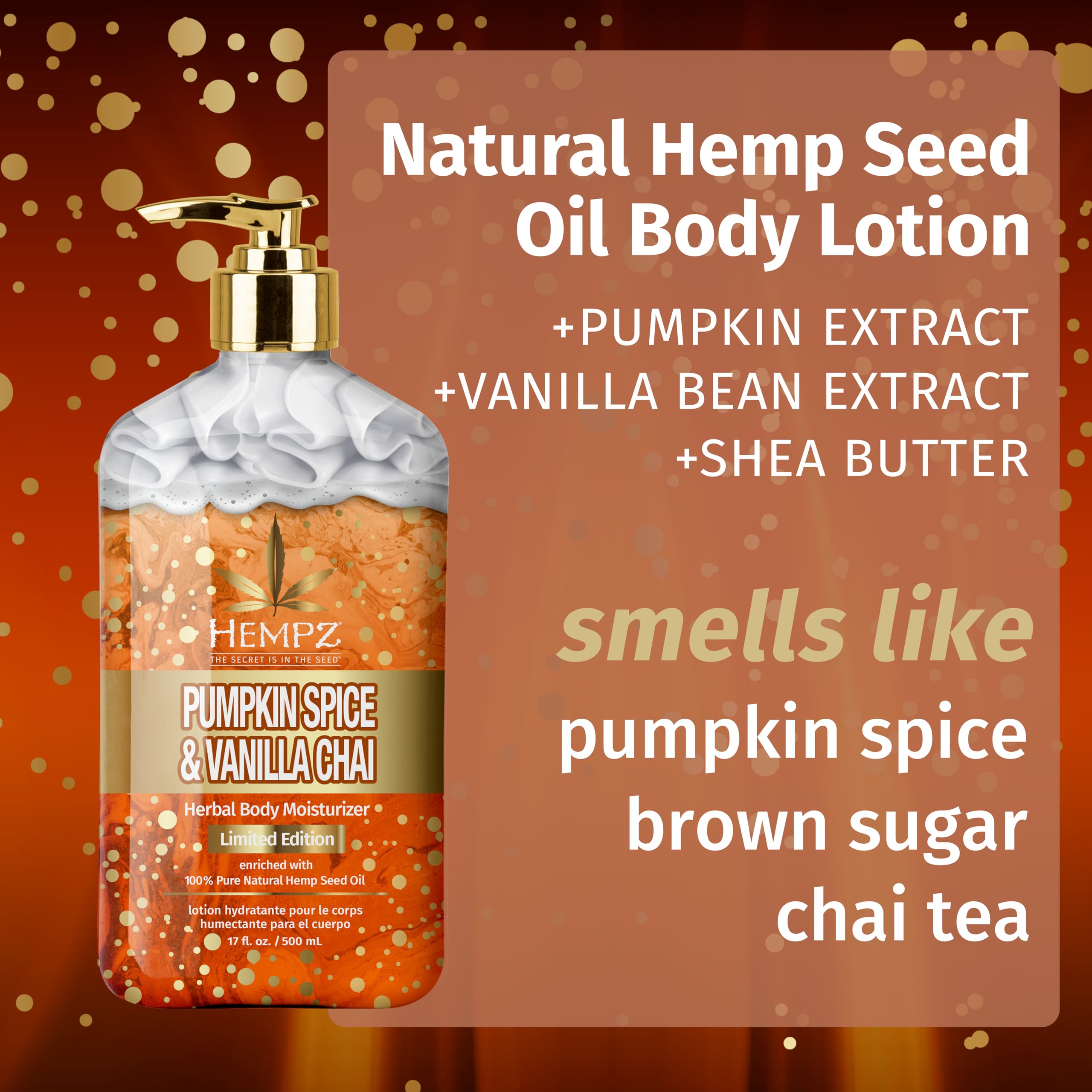 Hempz Limited Edition Pumpkin Spice & Vanilla Chai Herbal Body Lotion, for men or women, vegan and gluten free, 17 oz