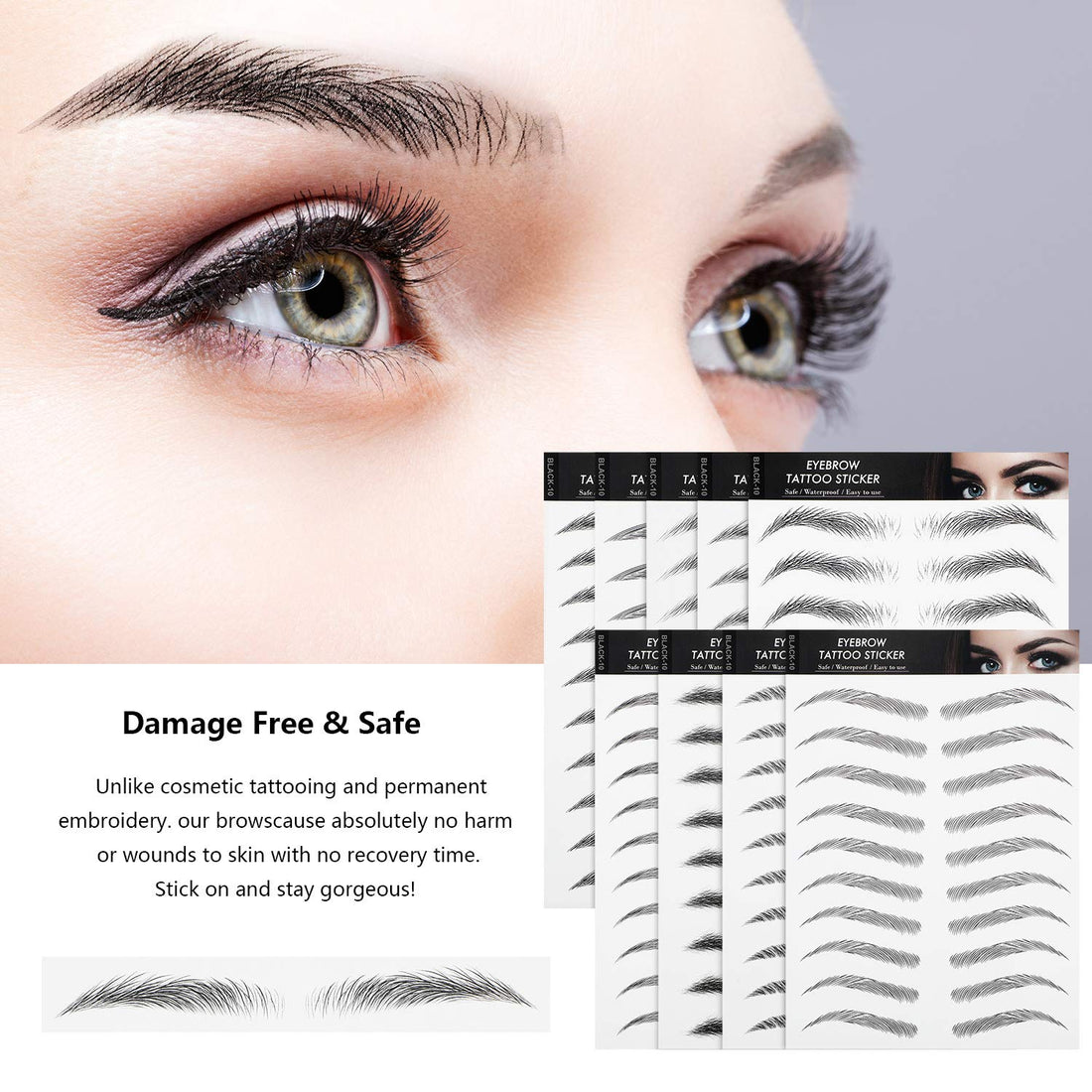 9 Sheets 4D Hair-Like Authentic Eyebrows Waterproof Eyebrow Tattoo Stickers Eyebrow Transfers Stickers Eyebrow Grooming Shaping Sticker for Women Girls Makeup, 9 Styles 90 Pairs (Black)