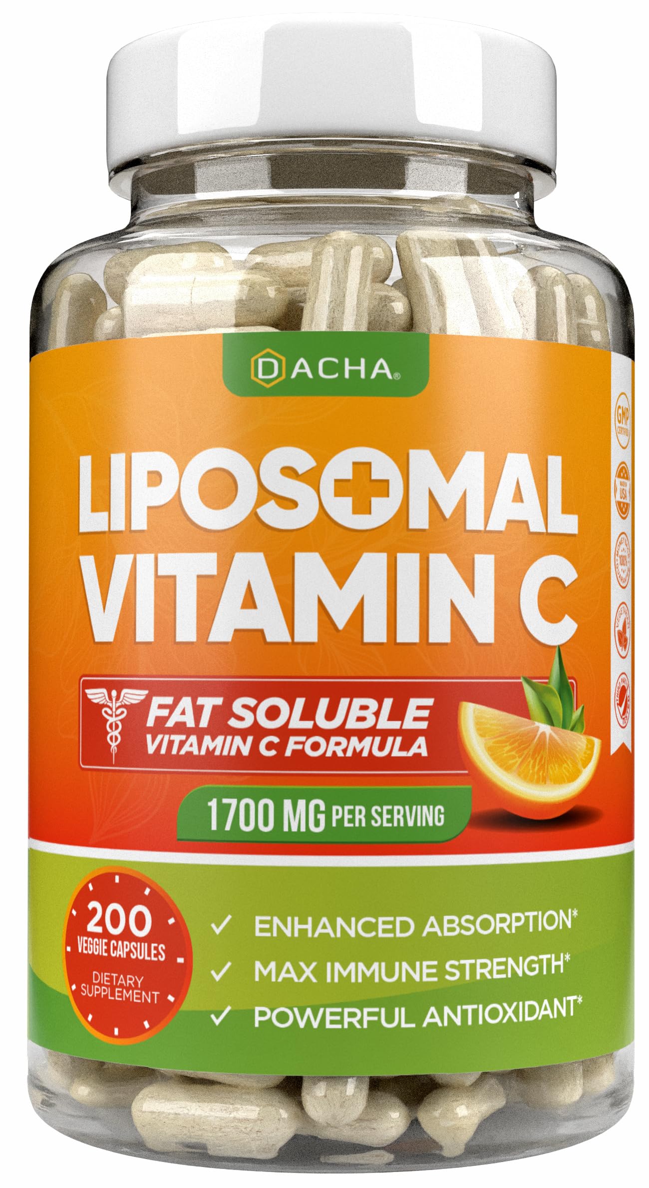DACHA Natural Liposomal Vitamin C - 1700mg, 200 Capsules, Immune System & Collagen Booster, High Absorption Fat Soluble VIT C, Buffered, Skin Vitamins, Vegeterian, Vegan