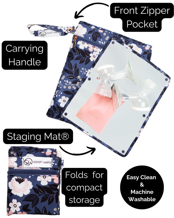 Pumparoo Wet/Dry Bag for Pump Parts – Compact Organizer with Waterproof Compartment & Built-In Staging Mat – Machine Washable Pumping Accessory for Work, Travel & Fridge Hack Storage (Le Floral)