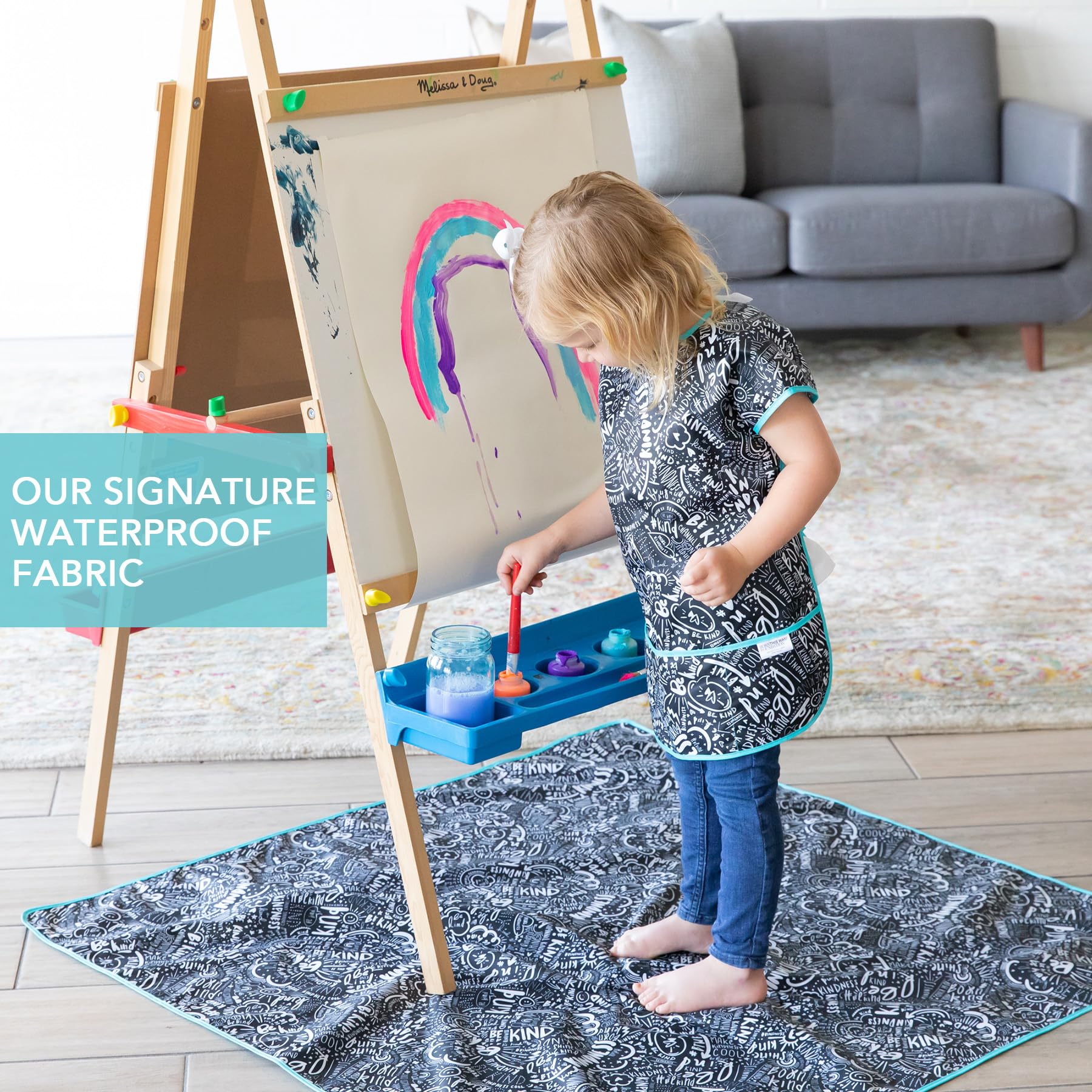 Bumkins Baby Splat Mat for Under High Chair, Babies Toddlers Eating Mess Mat, Waterproof Reusable Cloth for Arts and Crafts, Play Mat for Kids, Floors or Tables 42inx42in, Born This Way Be Kind Black