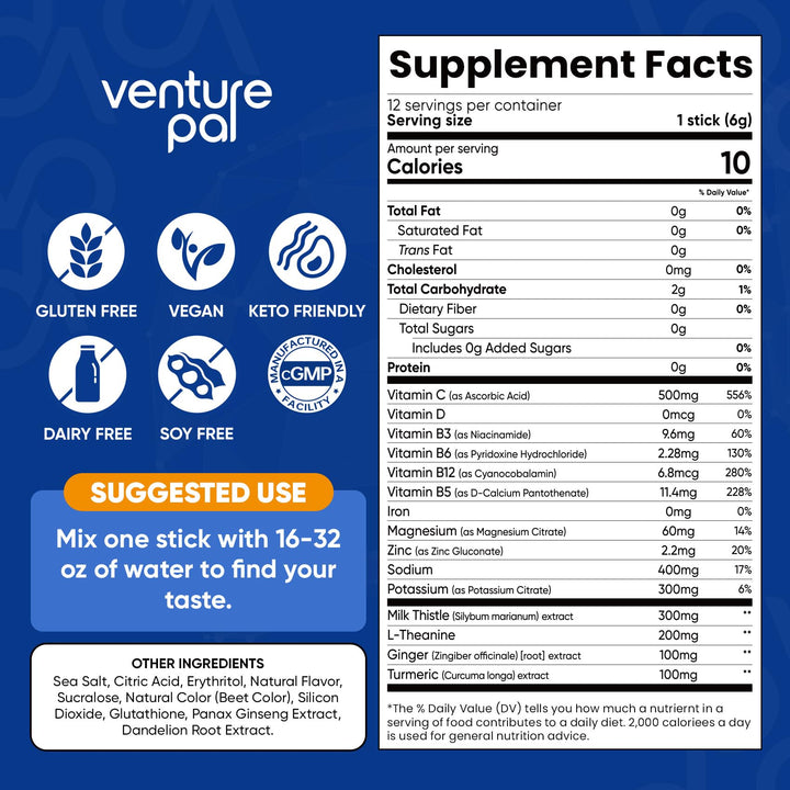 Venture Pal Liver Support Sugar Free Electrolyte Powder Packets, Milk Thistle + Ginger & Turmeric + L-Theanine + 5 Vitamins & 7 Electrolytes, Rapid Rehydration&Weekend Recovery Gluten Free, 12 Sticks