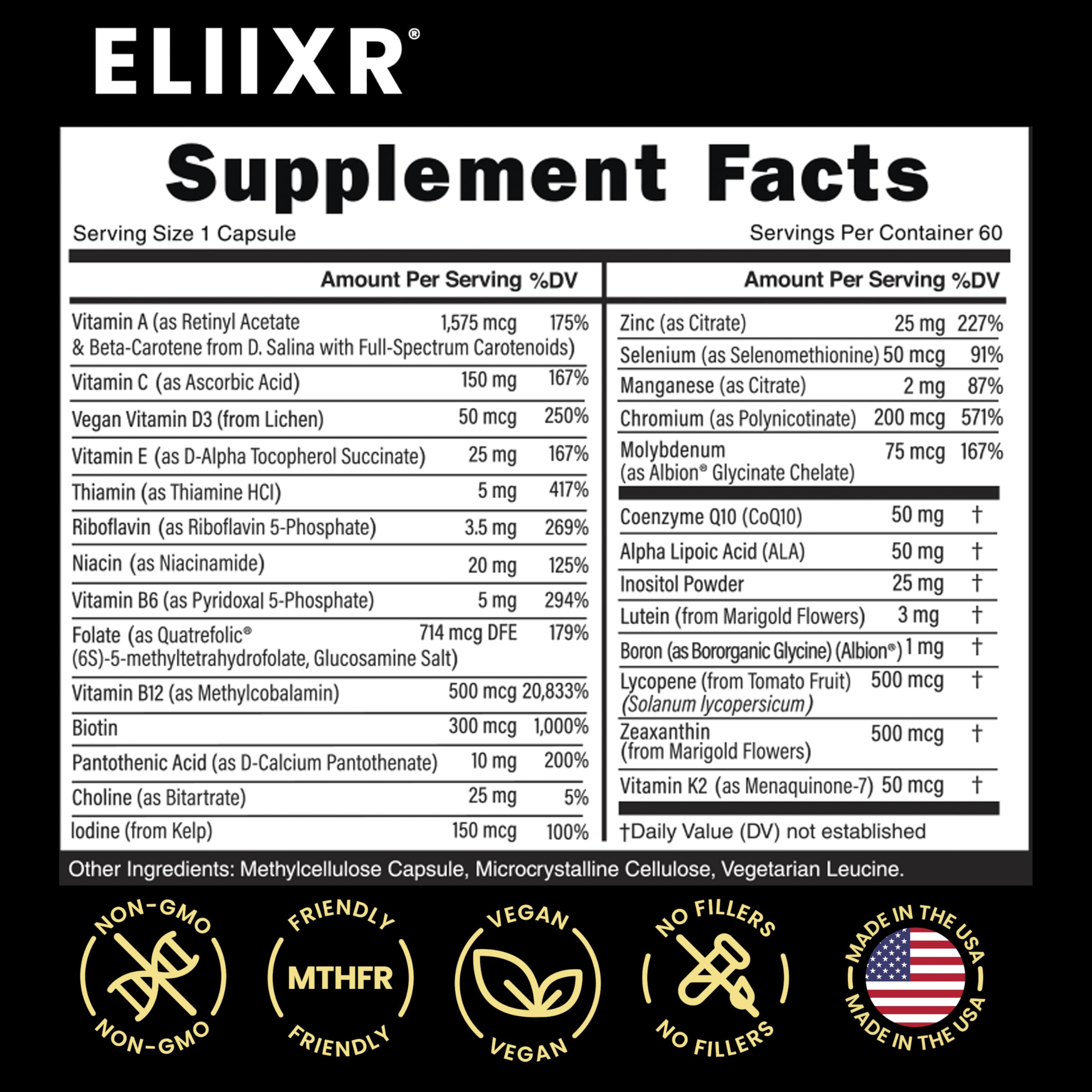 Eliixr Methylated Multivitamin Supplement for Men and Women with Active Methyl B12 and 5-MTHF Methylfolate 60 Vegetable Capsules Iron Free Made in The USA
