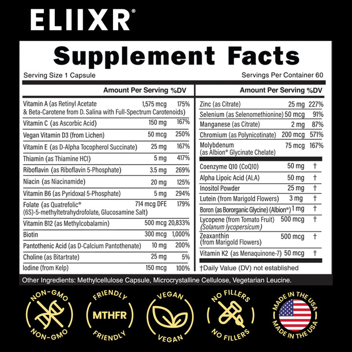 Eliixr Methylated Multivitamin Supplement for Men and Women with Active Methyl B12 and 5-MTHF Methylfolate 60 Vegetable Capsules Iron Free Made in The USA