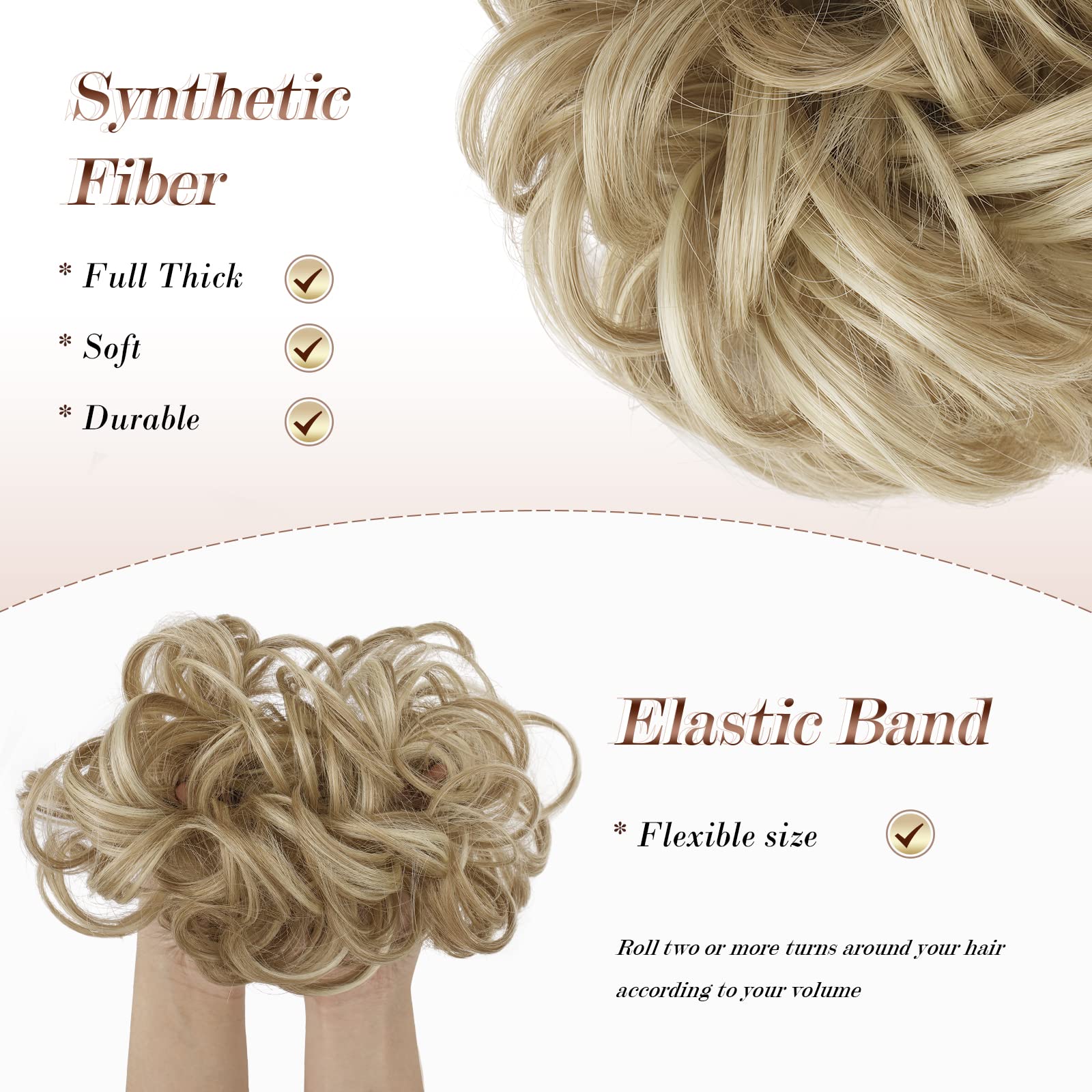 FESHFEN Messy Hair Bun Hair Pieces Wavy Curly Large Hair Bun Scrunchies Extensions Synthetic Chignon Hairpieces for Women Girls, Light Ash Brown & Bleach Blonde 1.94oz