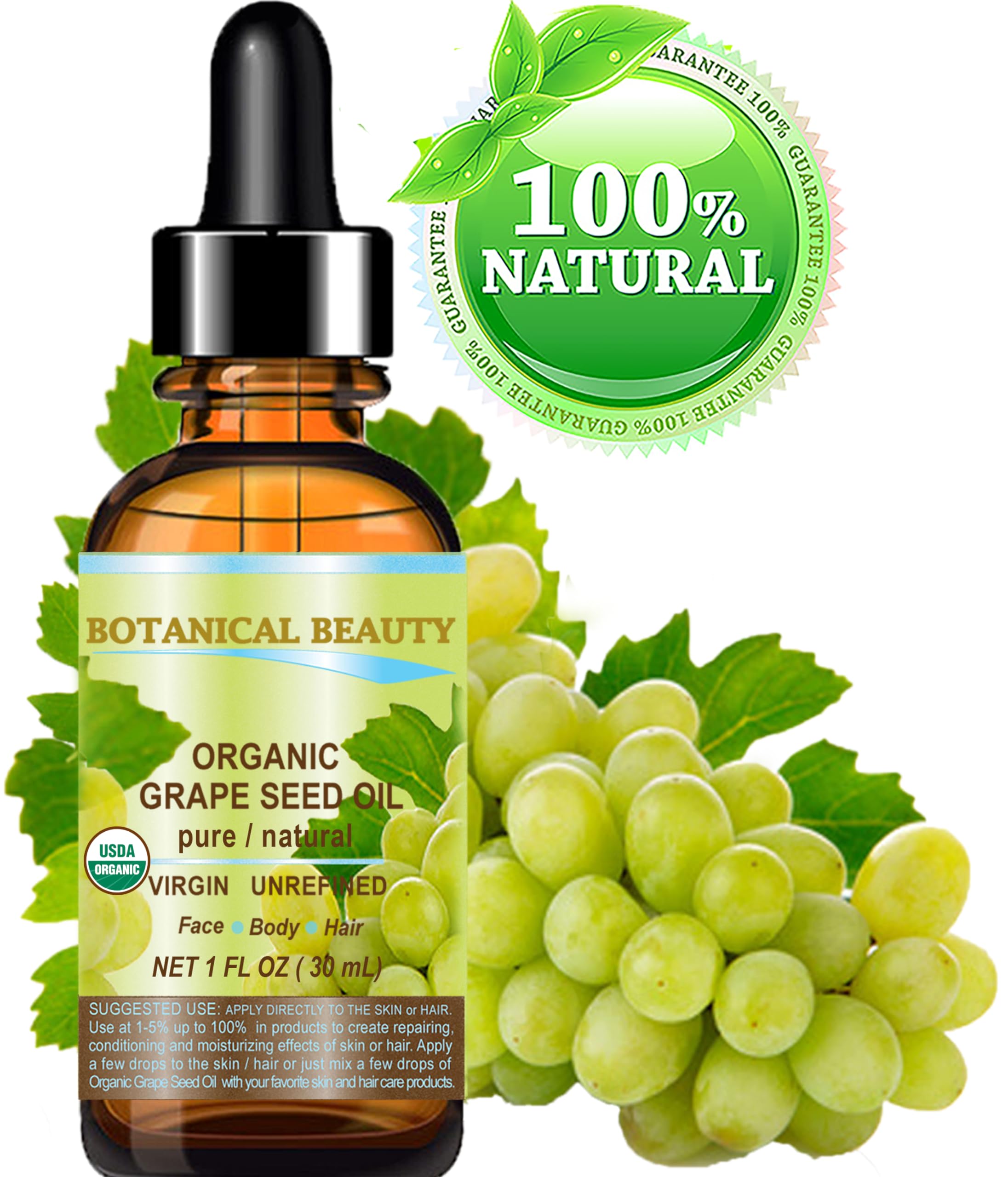 Botanical Beauty Organic GRAPE SEED OIL 100% Pure Natural VIRGIN UNREFINED Cold-Pressed Carrier Oil 1 Fl oz 30 ml for Face, Skin, Body, Hair, Lip, Nails, Massage. Rich in Vitamin E