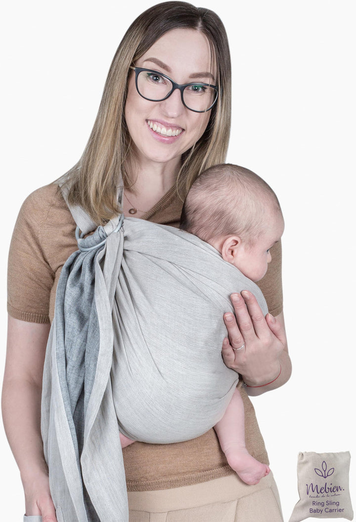 Ring Sling Baby Carrier 100% Cotton Muslin Front and Chest Newborn to Toddler Carrier and Baby Sling (Beige Grey)
