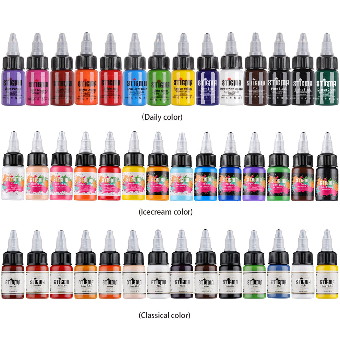 STIGMA Professional Tattoo Ink Color Set 14 Colors with 15 ml 1/2oz per Bottle Tattoo Ink Set for Tattoo Artist and Beginners Tattoo Supplies TI4003-15-14