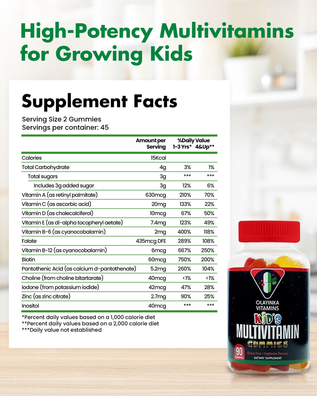 Olayinka Vitamin Multivitamin for Kids – High Potency Children's Immune Support with Vitamin C, Vitamin A, Vitamin E, Choline, Zinc & More – Vegetarian Vitamin Gummies for Kids, 90 Count