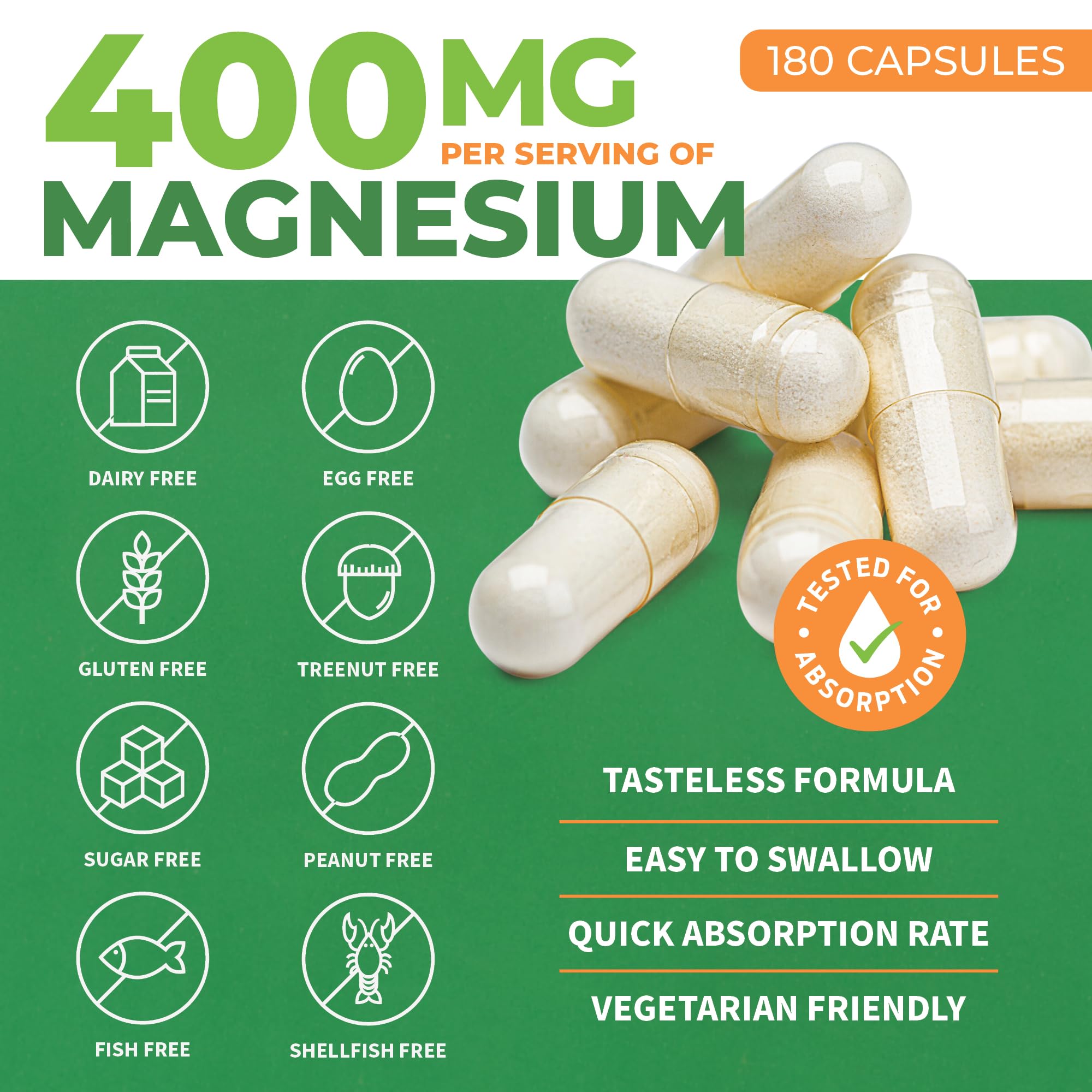 Pure Magnesium Glycinate 400mg Serving - High Absorption Magnesium Glycinate - Mag Bisglycinate for Stress, Bones, Muscles, Nerves, Relaxation & Heart Health, Non GMO & Gluten Free 180 Capsules