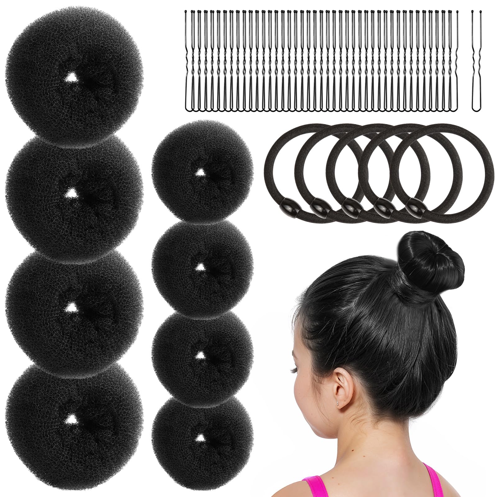 FANDAMEI Hair Bun Makers: Small & Extra Small Donut & Ballet Buns for Kids with Elastic Ties & Pins (Black)