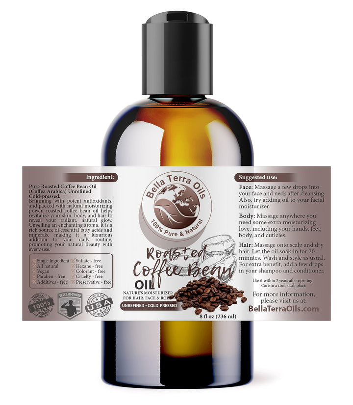 NEW Roasted Coffee Bean Oil. 8oz. Cold-pressed. Unrefined. Organic. 100% Pure. Rich in Antioxidants. Hexane-free. Improves Under-Eye Circles. Natural Moisturizer. For Hair, Skin, Nails, Stretch Marks.
