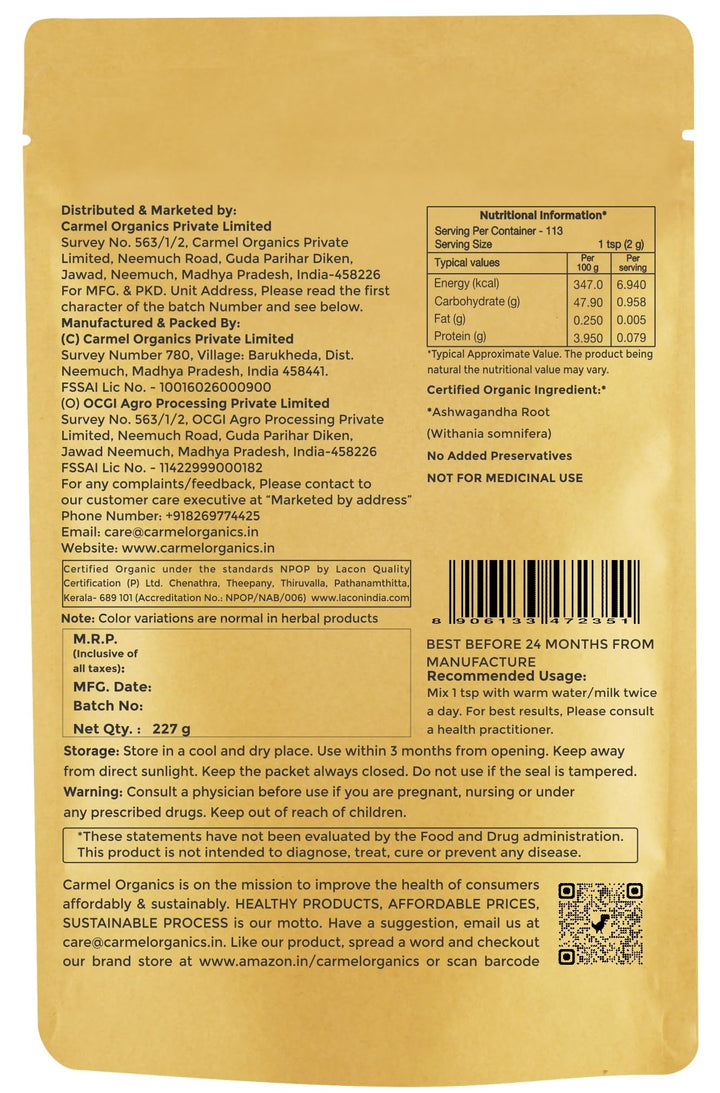 CARMEL ORGANICS Organic Ashwagandha Root Powder (8 Oz or 227g/0.5 Lbs) USDA Certified. Lab Tested, Non GMO & Gluten Free | Withania Somnifera from India