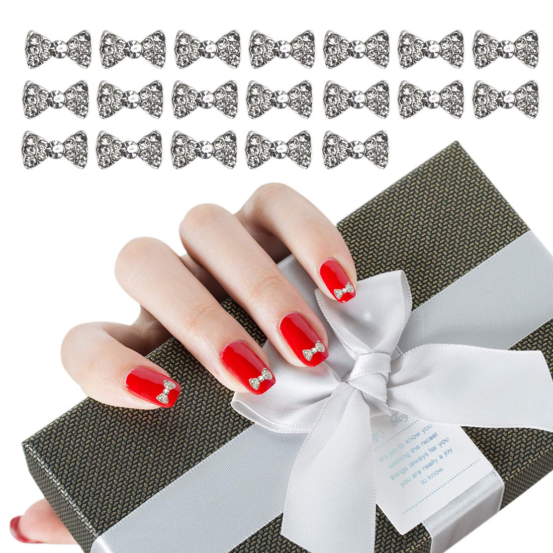 AUEAR, Charming 3D Nail Art Charms Bow Tie Rhinestones Crystal Pendant Decals DIY Decoration for Women Nail Art Beauty Design Jewelry Craft (Silver, 40 Pack)