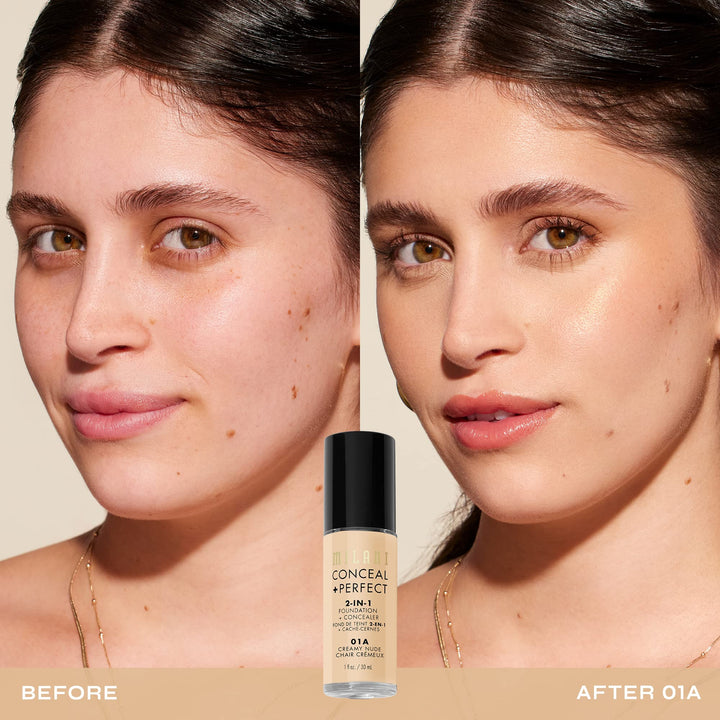 Milani Conceal + Perfect 2-in-1 Foundation + Concealer for a Flawless Complexion, Under Eye Corrector, Cover Redness and Imperfections, Waterproof and Sweatproof - Creamy Nude