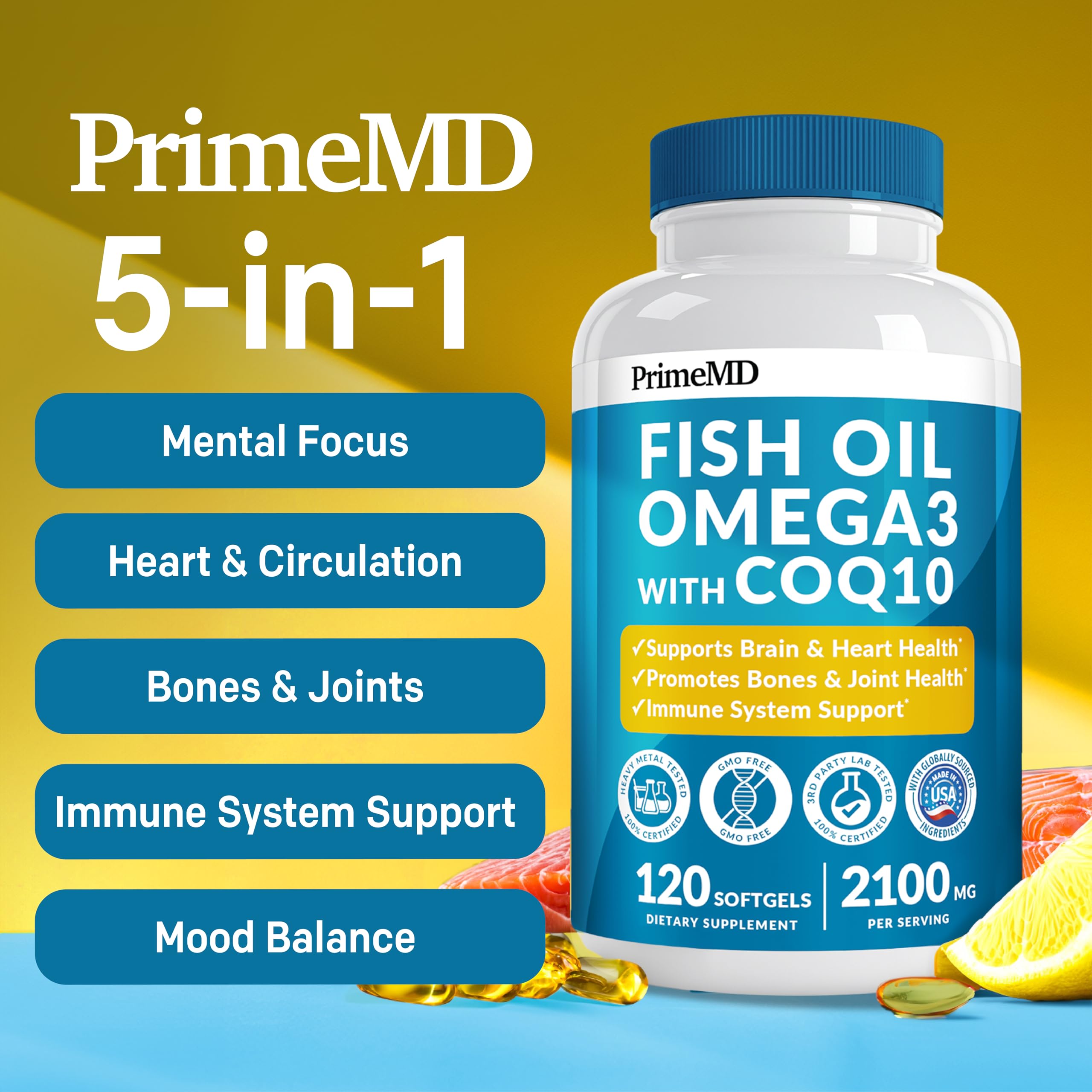 5-in-1 Fish Oil Omega 3 Fatty Supplements (2100mg) - Omega 3 Fish Oil with Vitamins D3 K2 and CoQ10 - Lemon Flavored (120 softgels)