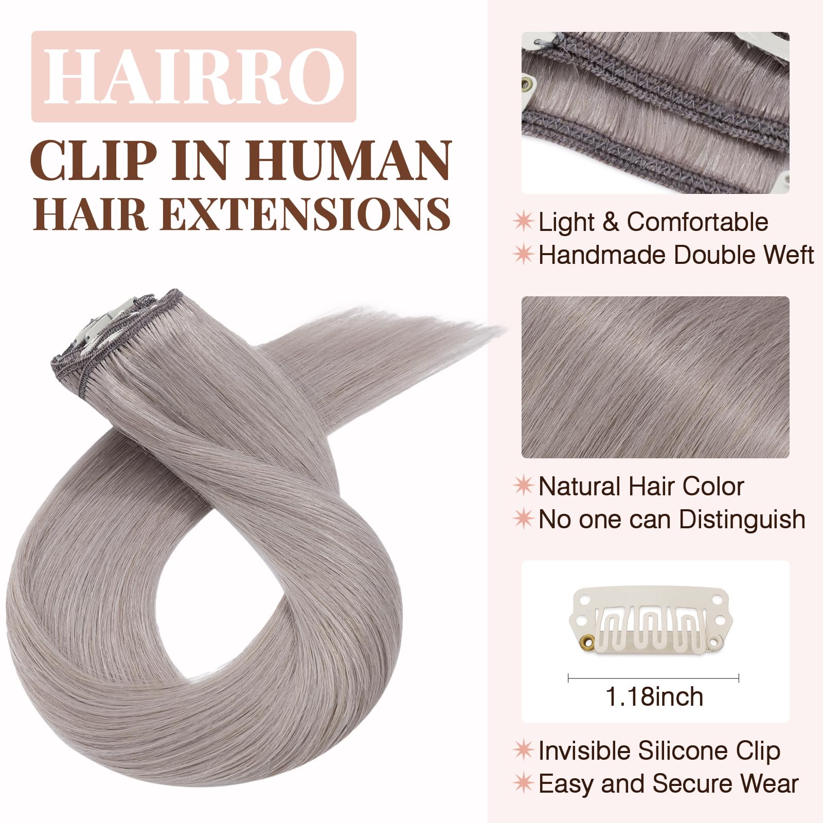 Hairro Clip in Hair Extensions 100% Human Hair Thin Grey 12 Inch Short Straight Human Hair Clip on Hairpieces 55g Machine Weft 8pcs 18 Clips for Women