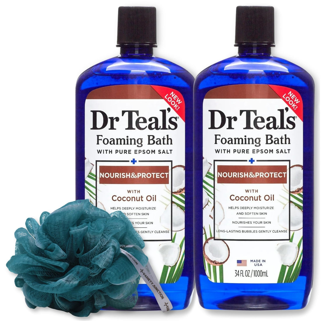 Coconut Oil Foaming Bath 34oz (2 Bottles) with Variety Junction Premium Sponge - Ultra-Moisturizing, Relaxing & Nourishing, Bubble Bath, Soaking Bath