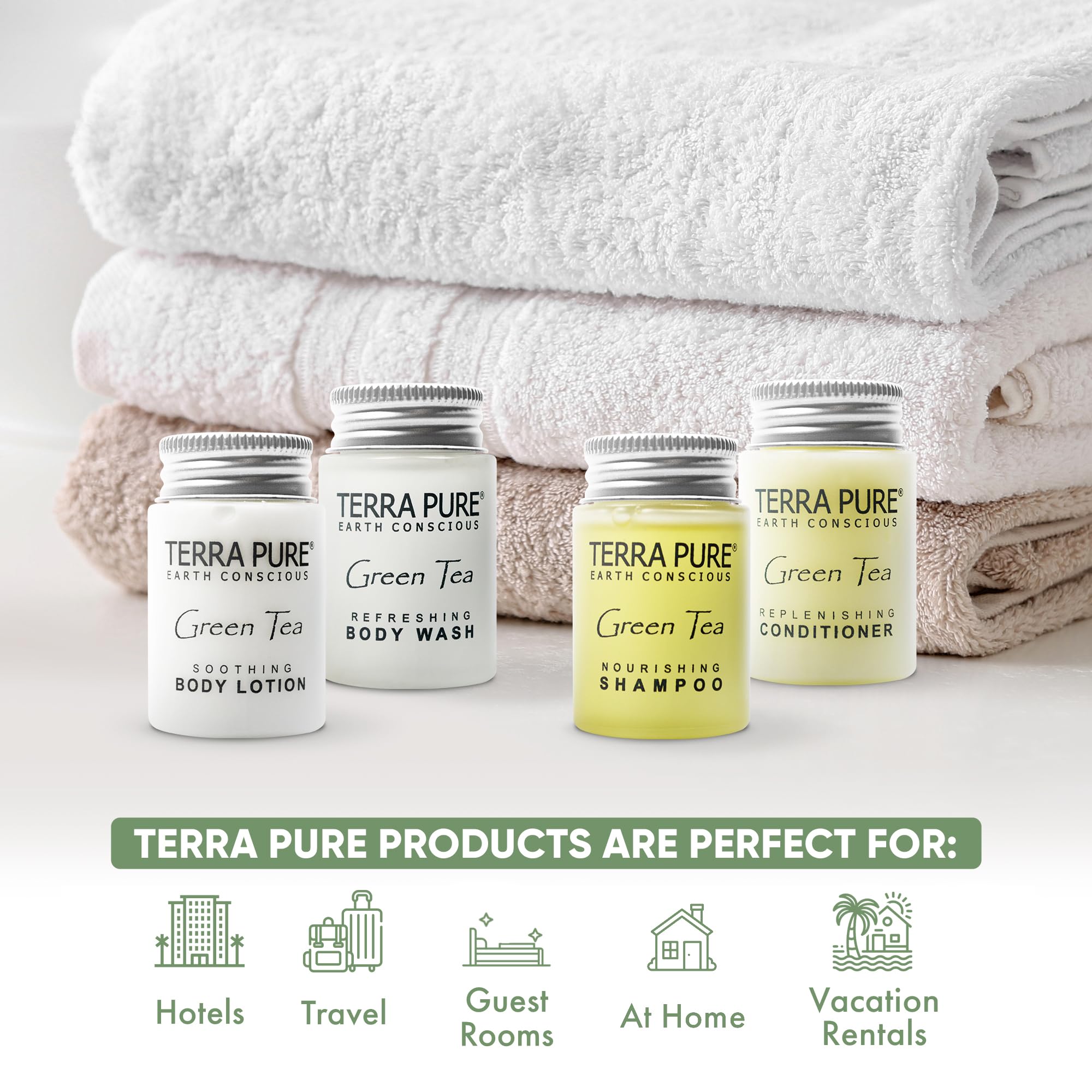 Terra Pure Green Tea Toiletries Set | 1-Shoppe Amenities Kit | 1oz Shampoo & Conditioner, Body Wash, Lotion | Travel Size | 80 Pieces