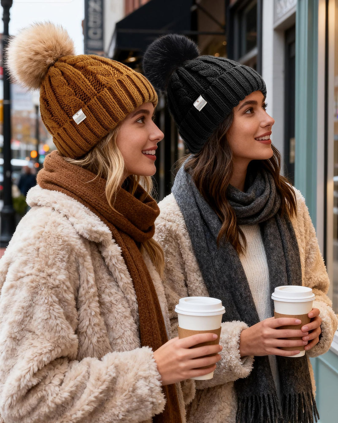 YANIBEST Winter Hats for Women Satin Lined Knitted Beanie Hat Warm Soft Ski Cuff Cap with Pom Pom Beige