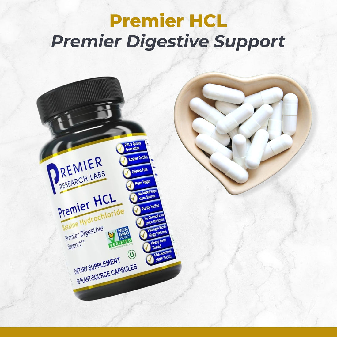 Premier Research Labs Premier HCL - Betaine HCL, Betaine Hydrochloride Supplement for Optimal Digestive Function, Nutrient Absorption, Betaine-HCL for Low Stomach Acid- 90 Vegetarian Capsules