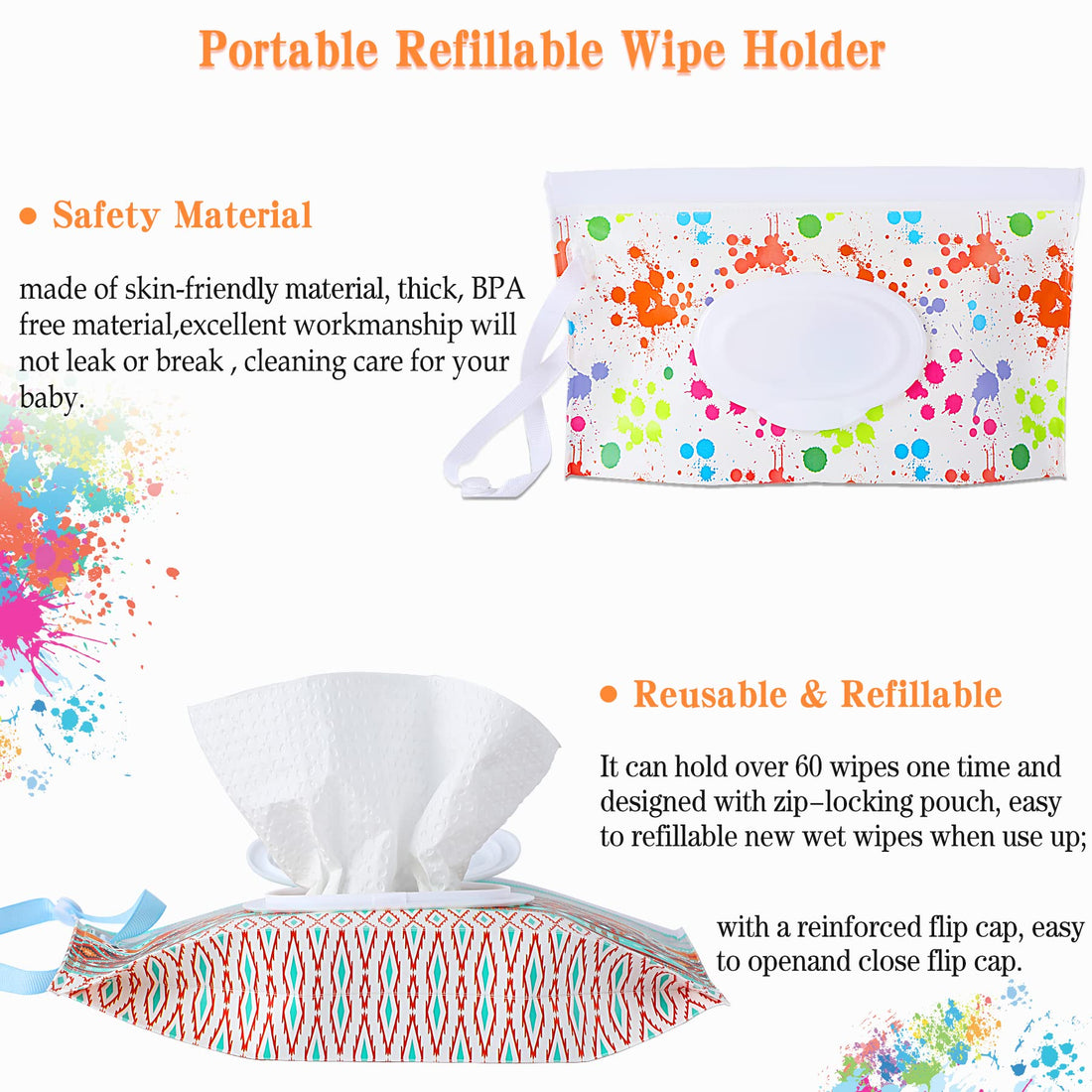 FEBSNOW 4 Pack Baby Refillable Baby Wet Wipe Dispenser, Reusable Wipes Pouch Container, Lightweight Portable Travel Wipes Holders