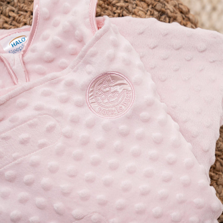 HALO Sleepsack Swaddle Plush Dot Velboa, 3-Way Adjustable Swaddle Blanket, TOG 3.0 for Cool Climates, Pink, Newborn, 0-3 Months