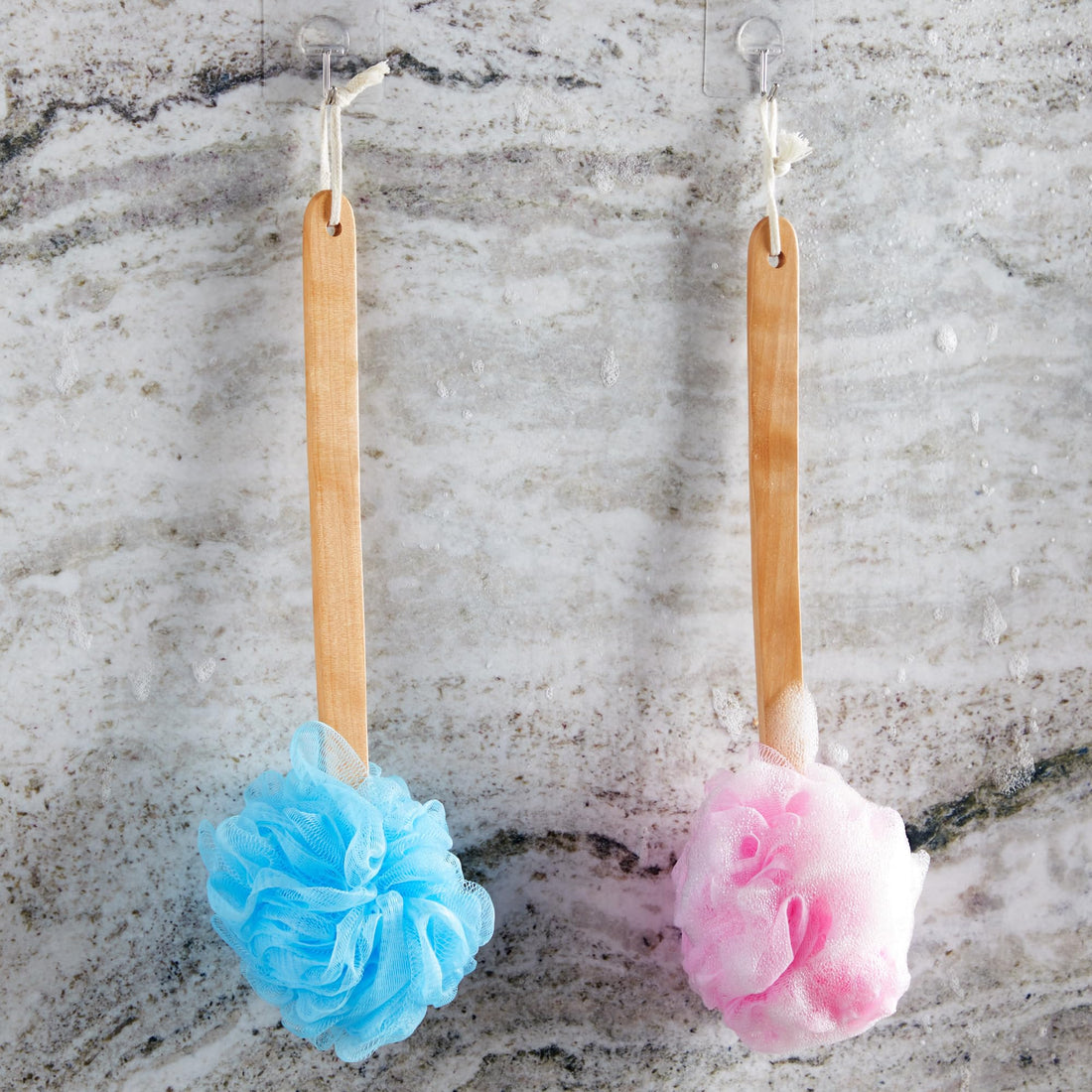 Juvale Bath Shower Body Wash Puff with Long Handle (4 Pack) 4 Colors