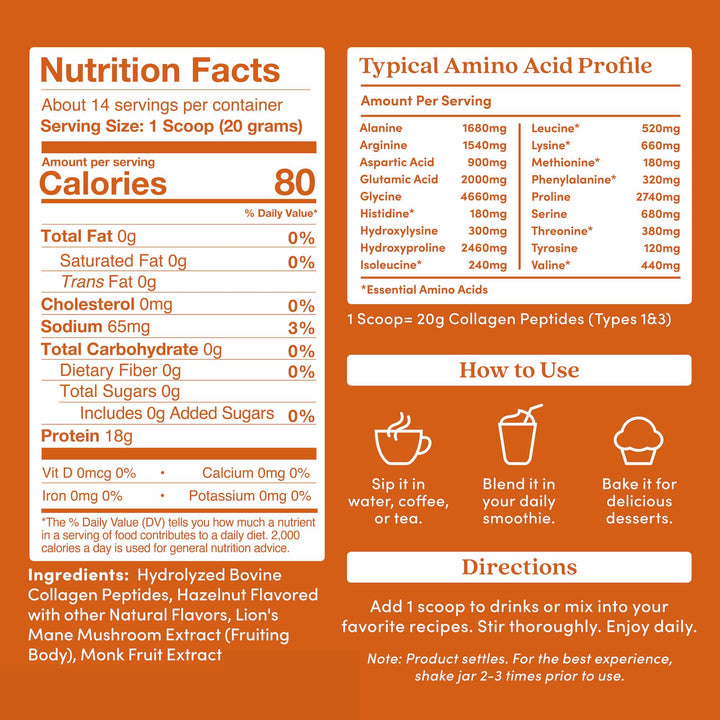 Further Food Hazelnut Collagen Peptides Powder with Lion’s Mane Mushroom, Grass-Fed Hydrolyzed Type 1 & 3 Protein, Gut Health + Joint, Hair, Skin, Nails, Paleo Keto Sugar-Free 9.88 oz