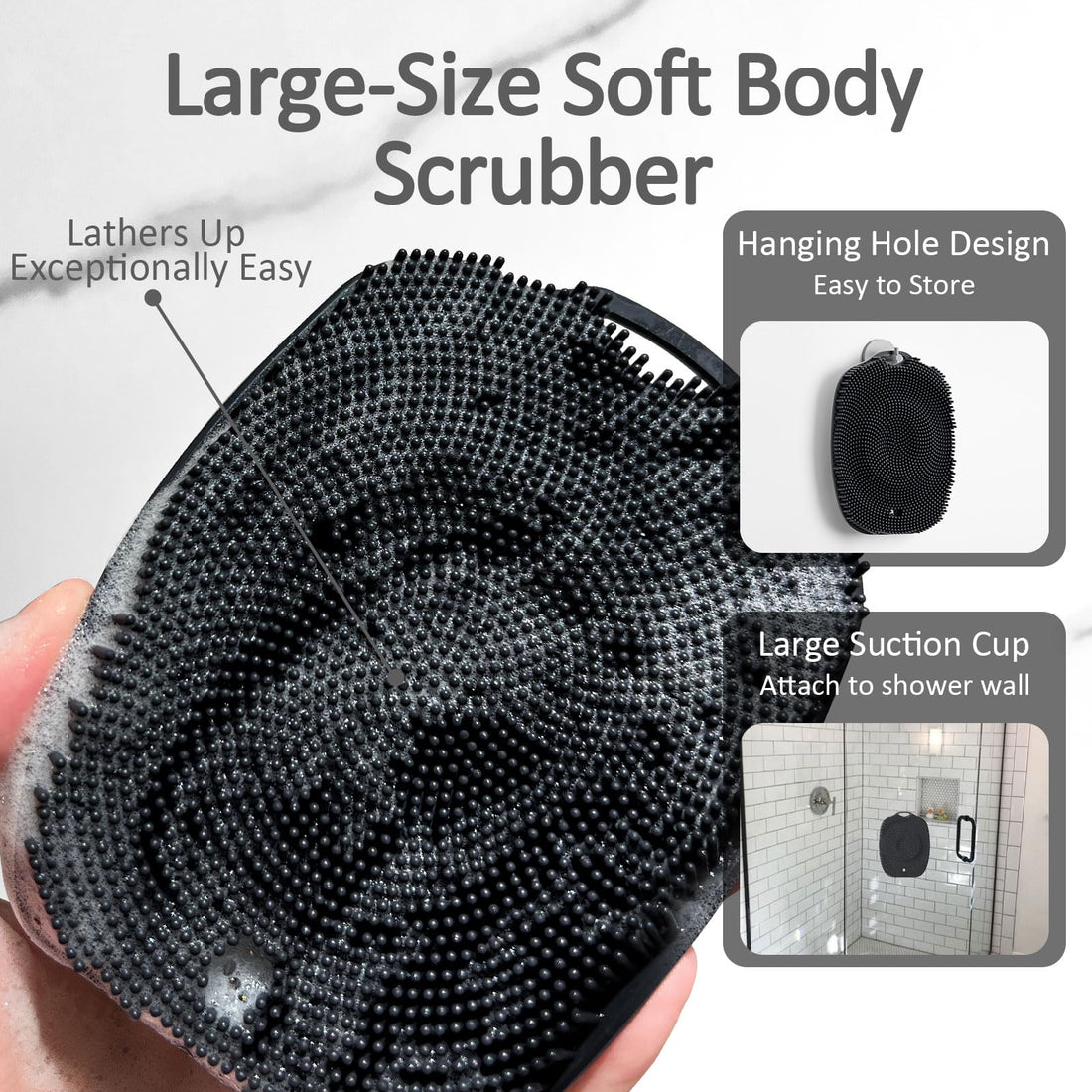 ARIOSOX, Soft Silicone Body Scrubber, Gentle Like a Hand Exfoliating Your Skin and Build Up Lather Easily, Back Large Suction Cup Easy to Store, Long-Lasting & Deep Clean (Black)