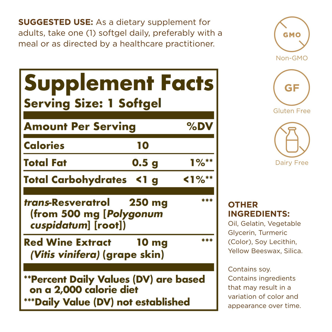 Solgar Resveratrol 250 mg with Red Wine Extract - 60 Softgels - Antioxidant Support - Non-GMO, Gluten Free, Dairy Free - 60 Servings