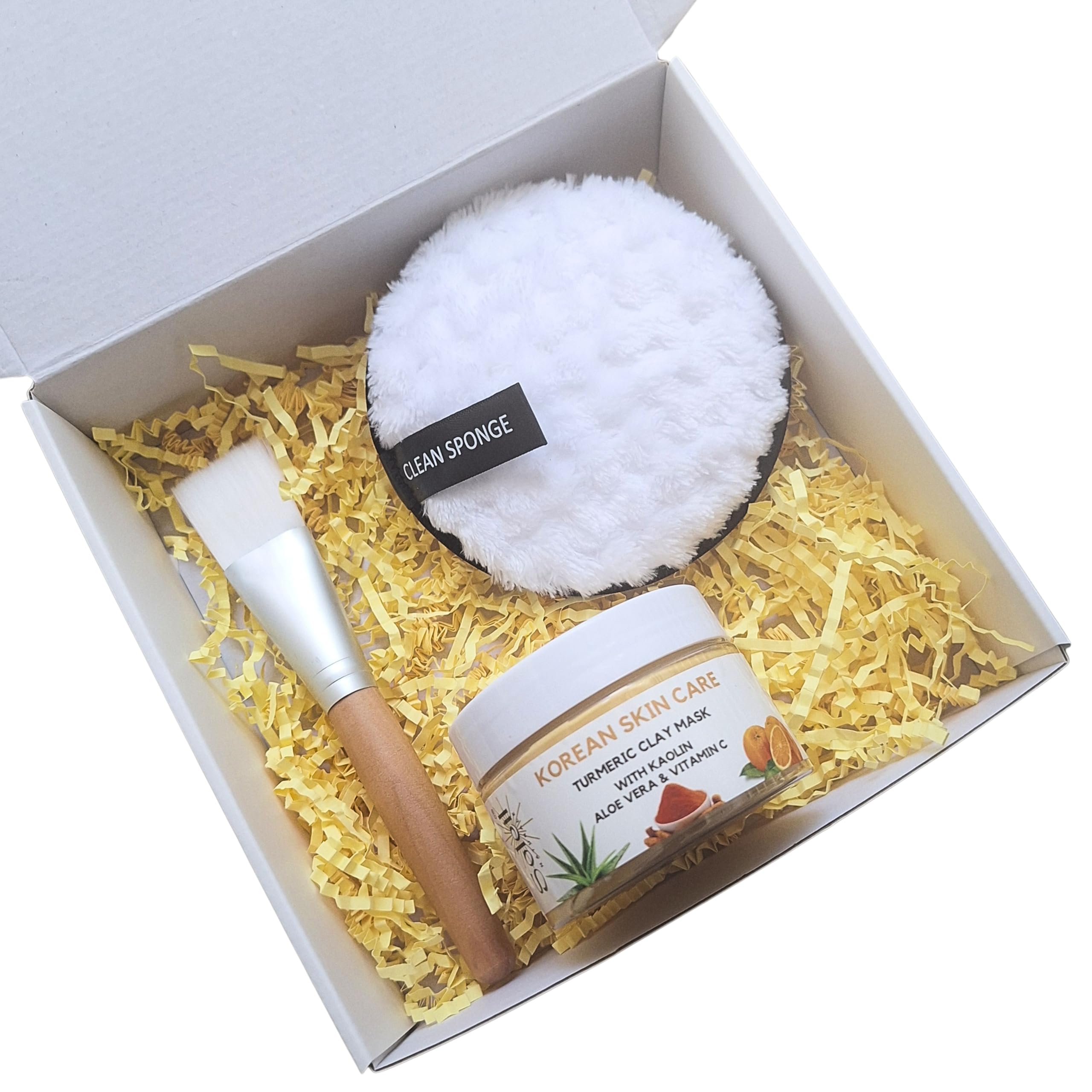 Korean Skin Care - Organic Turmeric Clay Mask Kit with Kaolin, Aloe Vera, Vitamin C, Shea Butter, Cruelty Free - Wooden Brush, Soft Cleansing Pad Cosmetic Remover