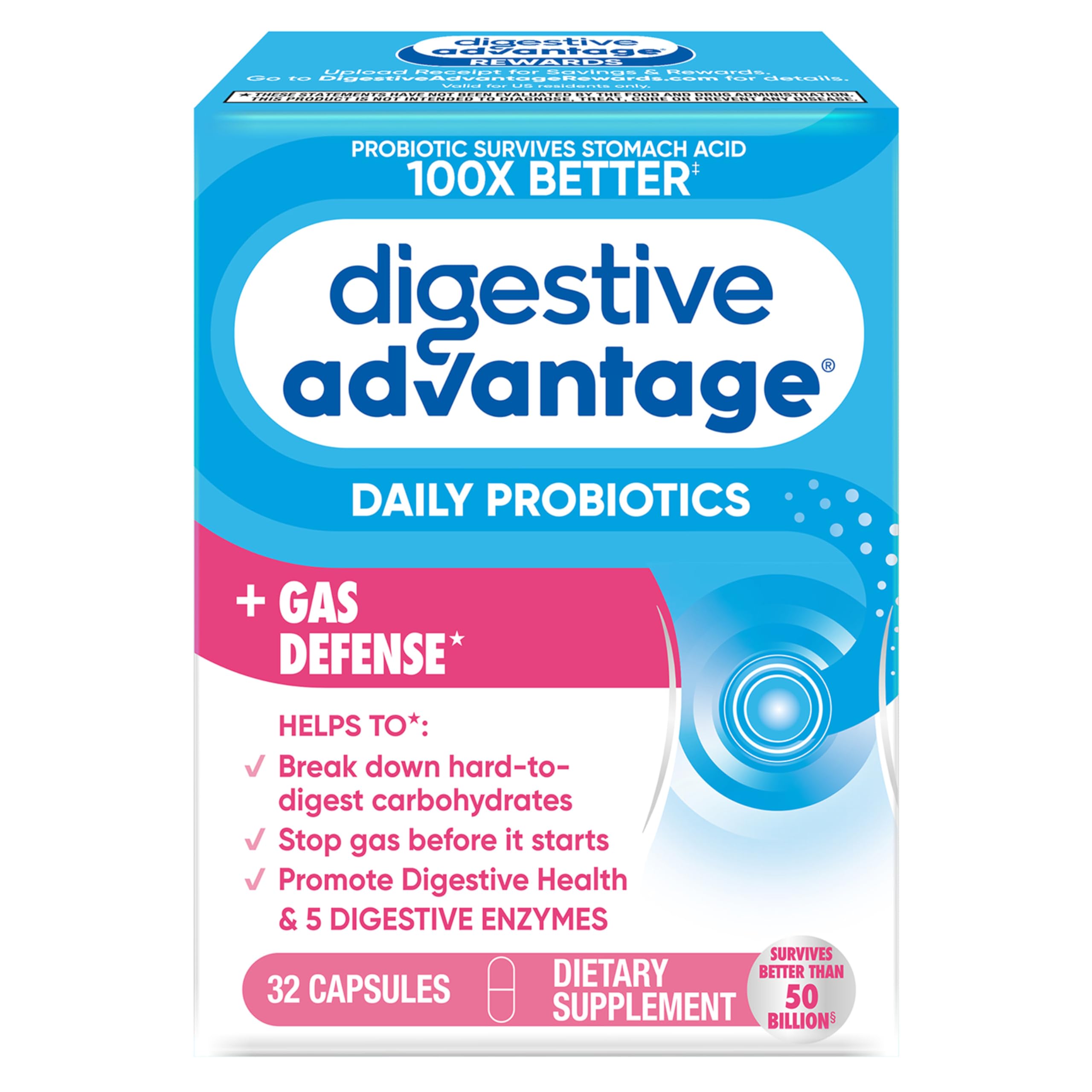 Digestive Advantage Gas Defense, Daily Probiotics for Women & Men Digestive Health with 5 Digestive Enzymes, Supports Gut Health & Stops Gas Before Start, with Immune Support, 32 Capsules