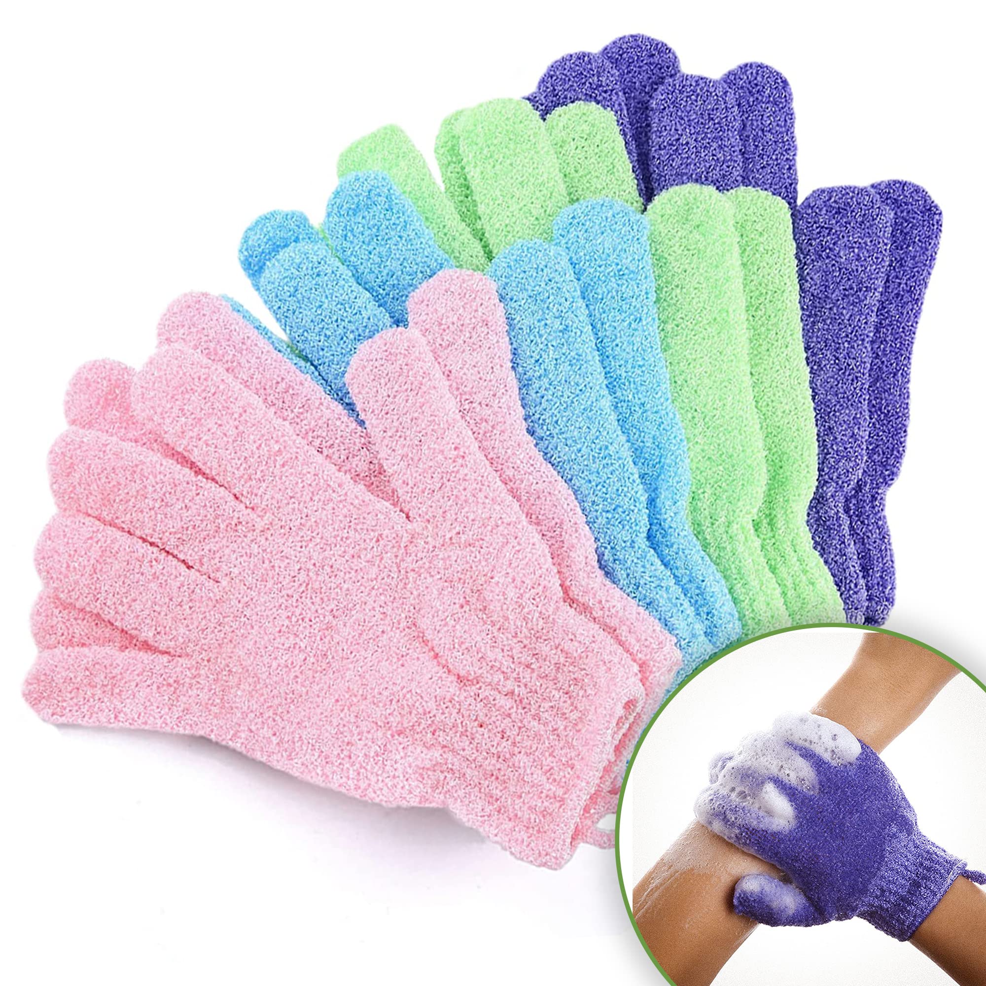 Exfoliating Gloves for Men and Women | Spa-Quality Exfoliation Mitts to Remove Dead Skin & Bumps | Textured Body Scrub Bath and Shower Gloves - Colorful 4 Pair Pack - Pink, Green, Blue, & Purple
