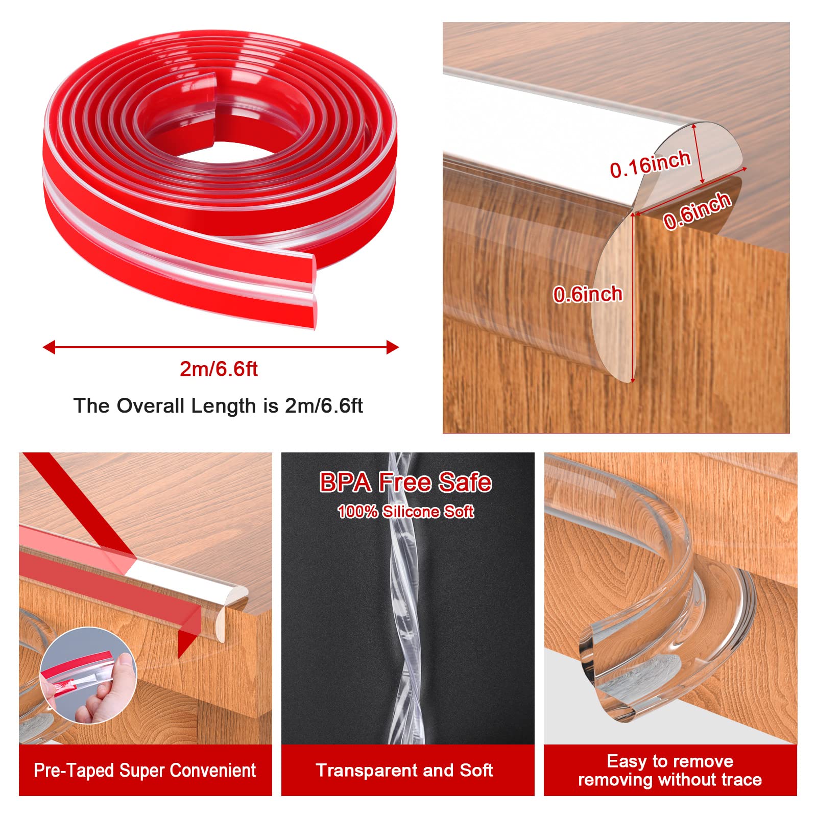 Baby Proofing, 6.6ft Edge Protector Strip Clear, Silicone Soft Corner Protectors with Upgraded Pre-Taped Strong Adhesive, Edge Protectors for Sharp Corners of Cabinets, Tables, Drawers