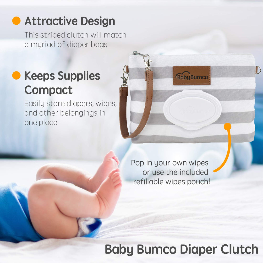 Bumco Diaper Clutch Bag and Mini Diaper Cream Spatula - Baby Travel Essential, Small Baby Bag with Wipes Dispenser, BPA-Free Butt Spatula Baby, Mini Diaper Cream Applicator with Case, Baby Essentials