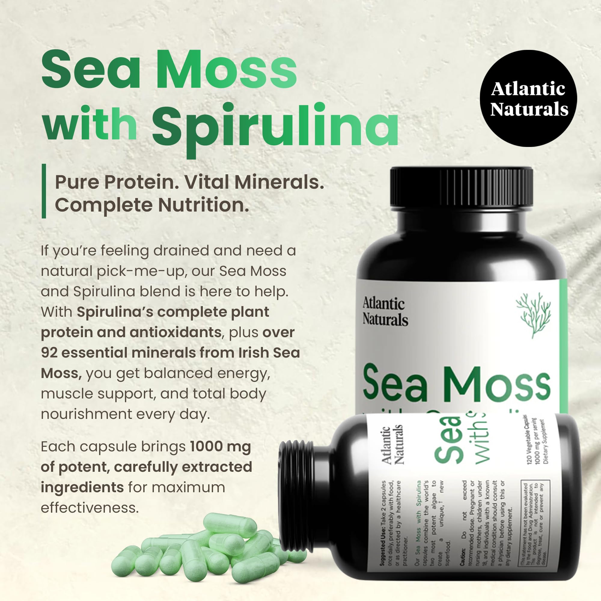 Atlantic Naturals Sea Moss with Spirulina Superfood Capsules - Multivitamin Supplement Supports Healthy Iron and Immune Health, Alternative to Seamoss Gel and Powder - Irish Sea Moss Capsules (120 ct)