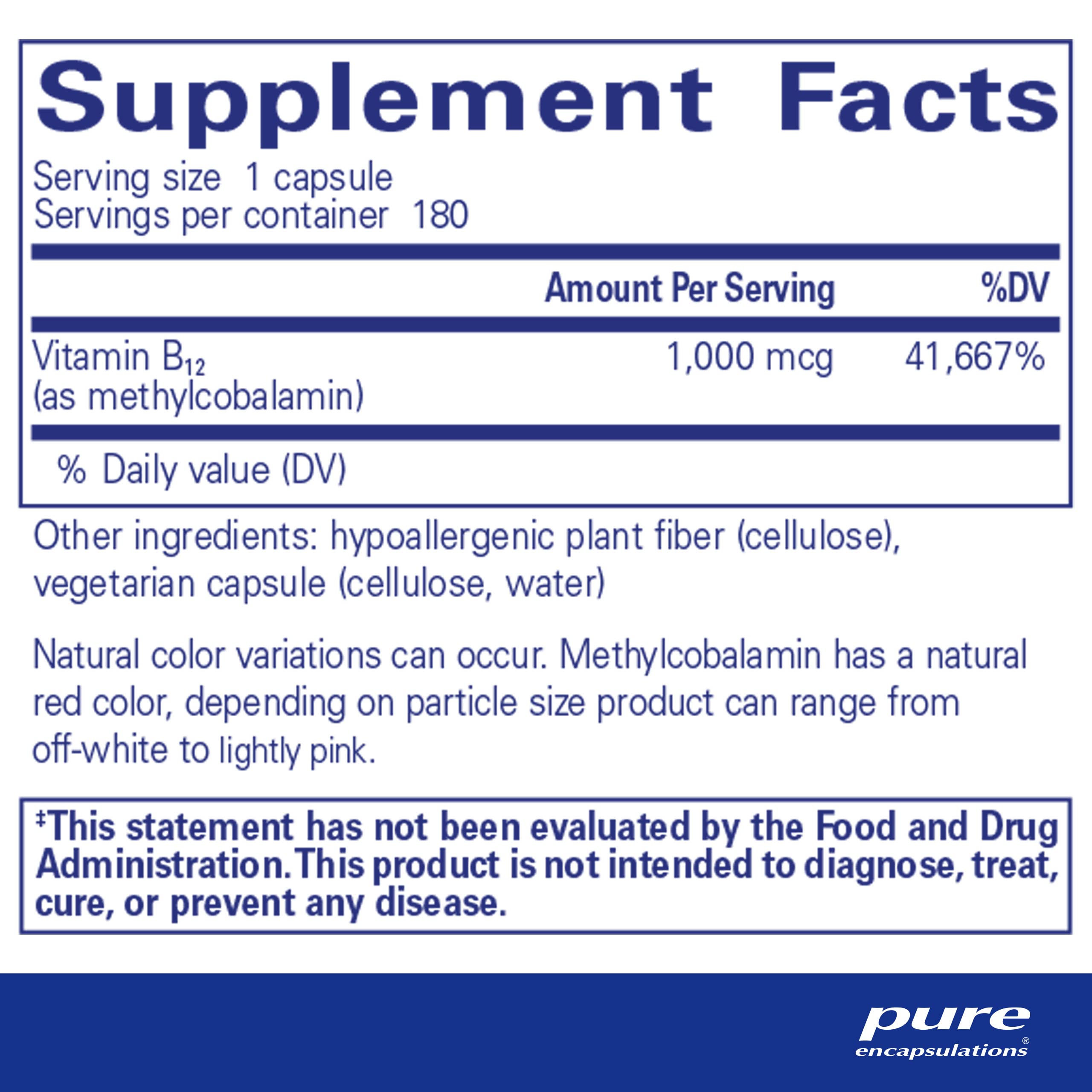Pure Encapsulations Methylcobalamin 1,000 mcg - Vitamin B12 Supplement to Support Memory & Nerve Health - Premium Vitamin B12 Capsules - 180 Capsules