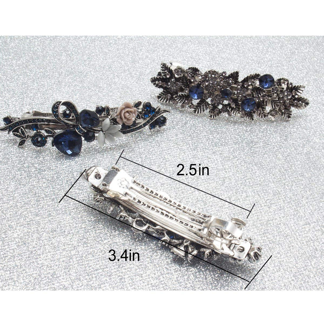 Kicosy Barrettes for Women 3 Pack Vintage Shining Rhinestone Hair Barrettes Metal Flower Butterfly French Clip Faux Crystal Hair clip Spring Hair Barrette,Black and Navy Blue