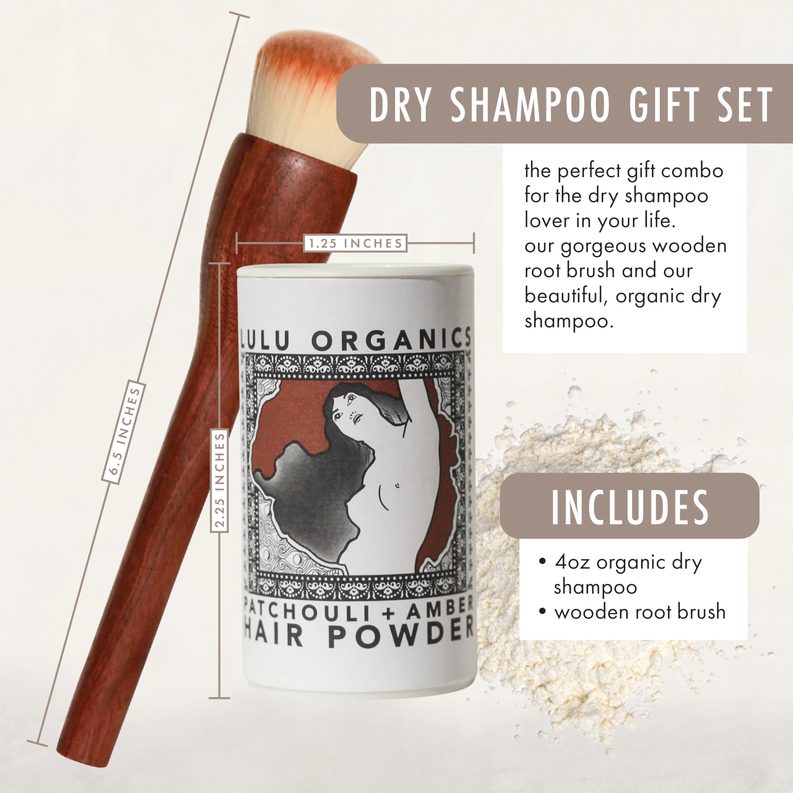 Non Aerosol Dry Shampoo Powder with Brush for Dark, Blonde and Oily Hair, All Natural Organic Hair and Body Powder, Paraben &Talc free No White Cast Synthetic Fragrance, Patchouli & Amber - 1oz