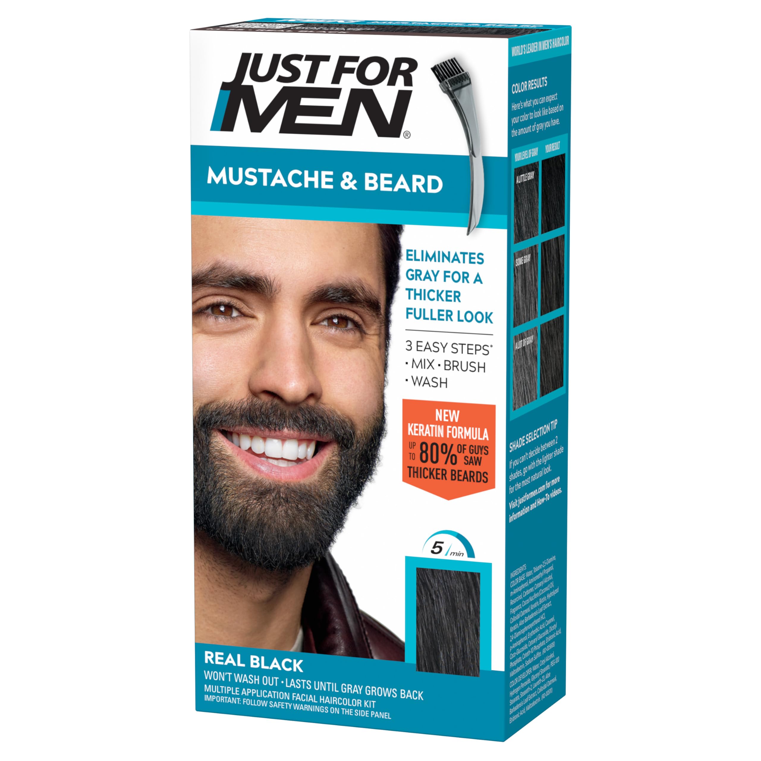 Just For Men Mustache & Beard, Beard Dye for Men with Brush Included, With Keratin Biotin Aloe and Coconut Oil for Healthy Facial Hair - Real Black, M-55, Pack of 1 (Packaging May Vary)