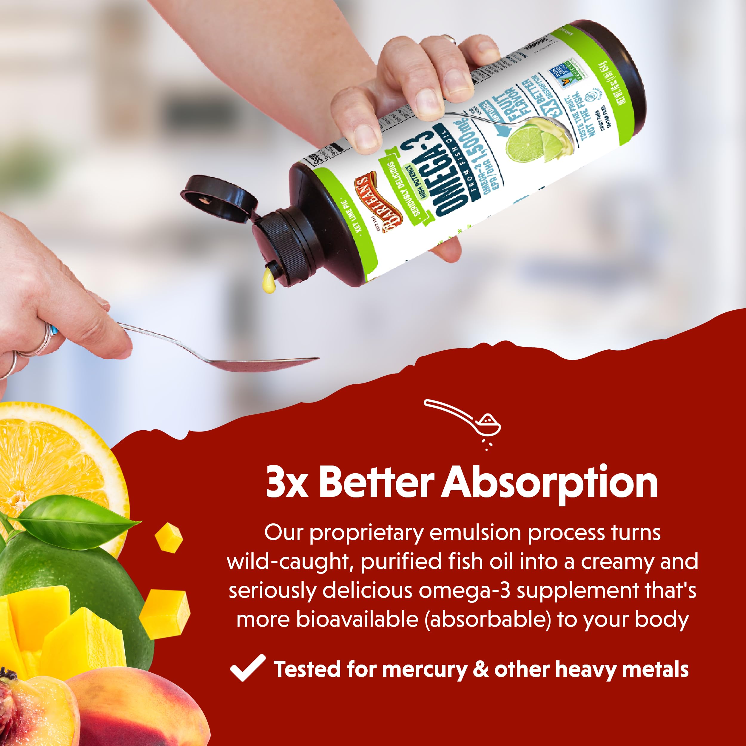 Barlean's Omega 3 Fish Oil Liquid Supplement Pack of 3, EPA and DHA Fatty Acid, Smoothie Flavored for Brain, Joint, and Heart Health, Includes Key Lime Pie, Lemon Crème and Mango Peach Flavors, 8 oz