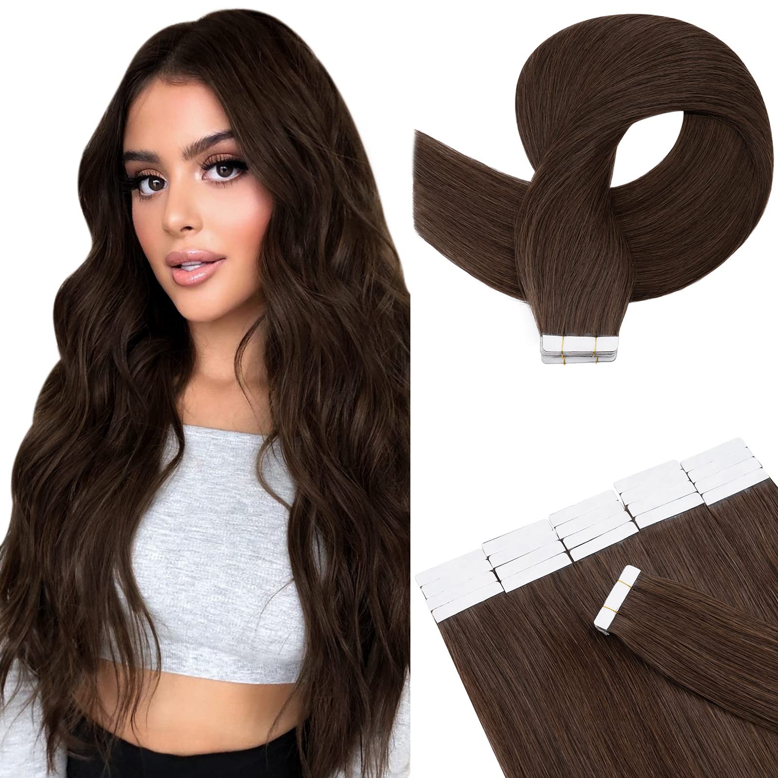 Tape In Human hair Extension Skin Weft Real Hair Extensions Glue In Remy Hairpieces Adhensive Rooted Tape In Strong Double Sided Tape On Hair Pieces For Women 18 inch 30g 20pcs #04 Medium Brown