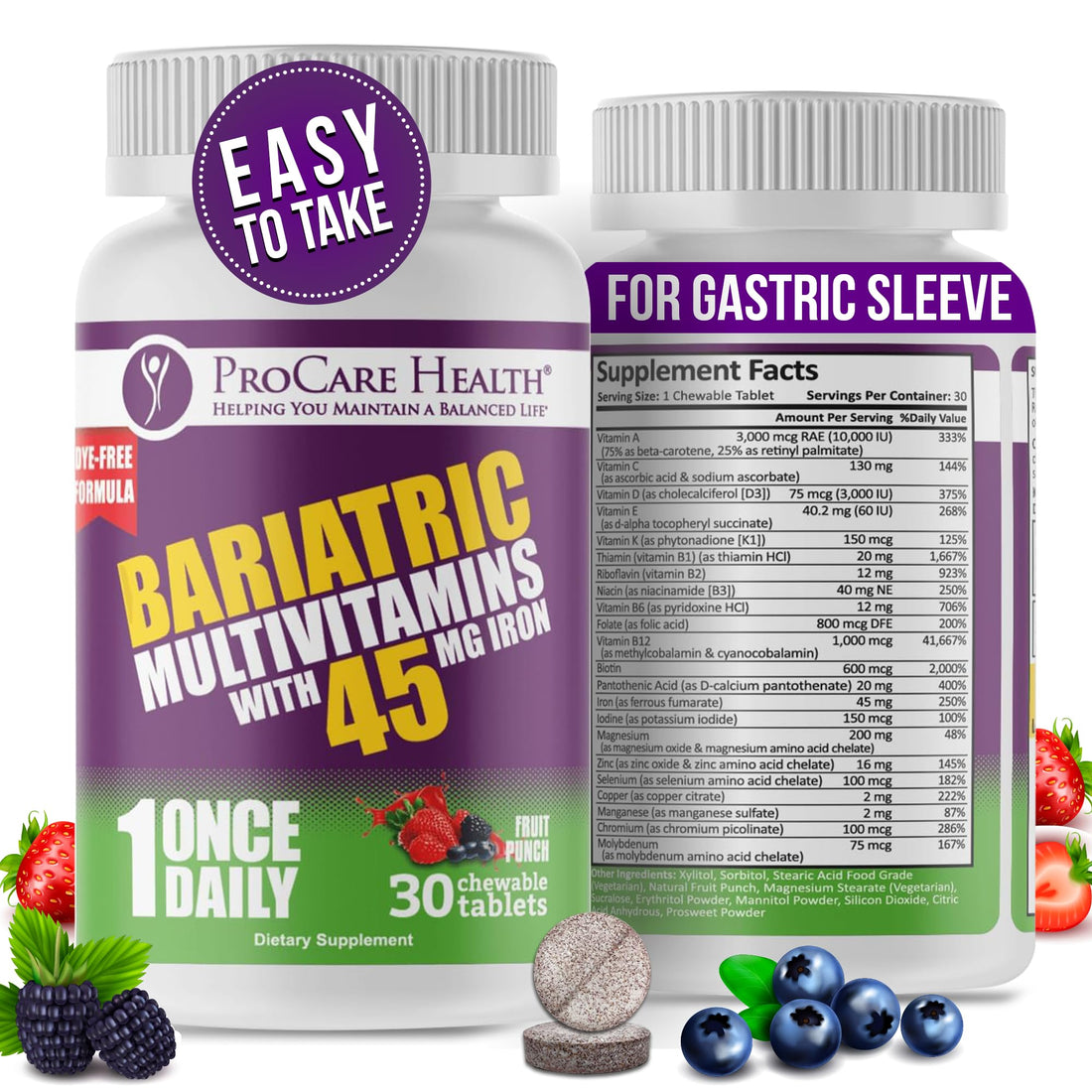 Procare Health Bariatric Multivitamin with Iron 45mg Chewable (30 Tablets) - Fruit Punch Flavor Bariatric Multivitamin Chewable Pills for Gastric Bypass & Sleeve Gastrectomy Patients (01 Month Supply)