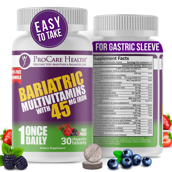 Procare Health Bariatric Multivitamin with Iron 45mg Chewable (30 Tablets) - Fruit Punch Flavor Bariatric Multivitamin Chewable Pills for Gastric Bypass & Sleeve Gastrectomy Patients (01 Month Supply)