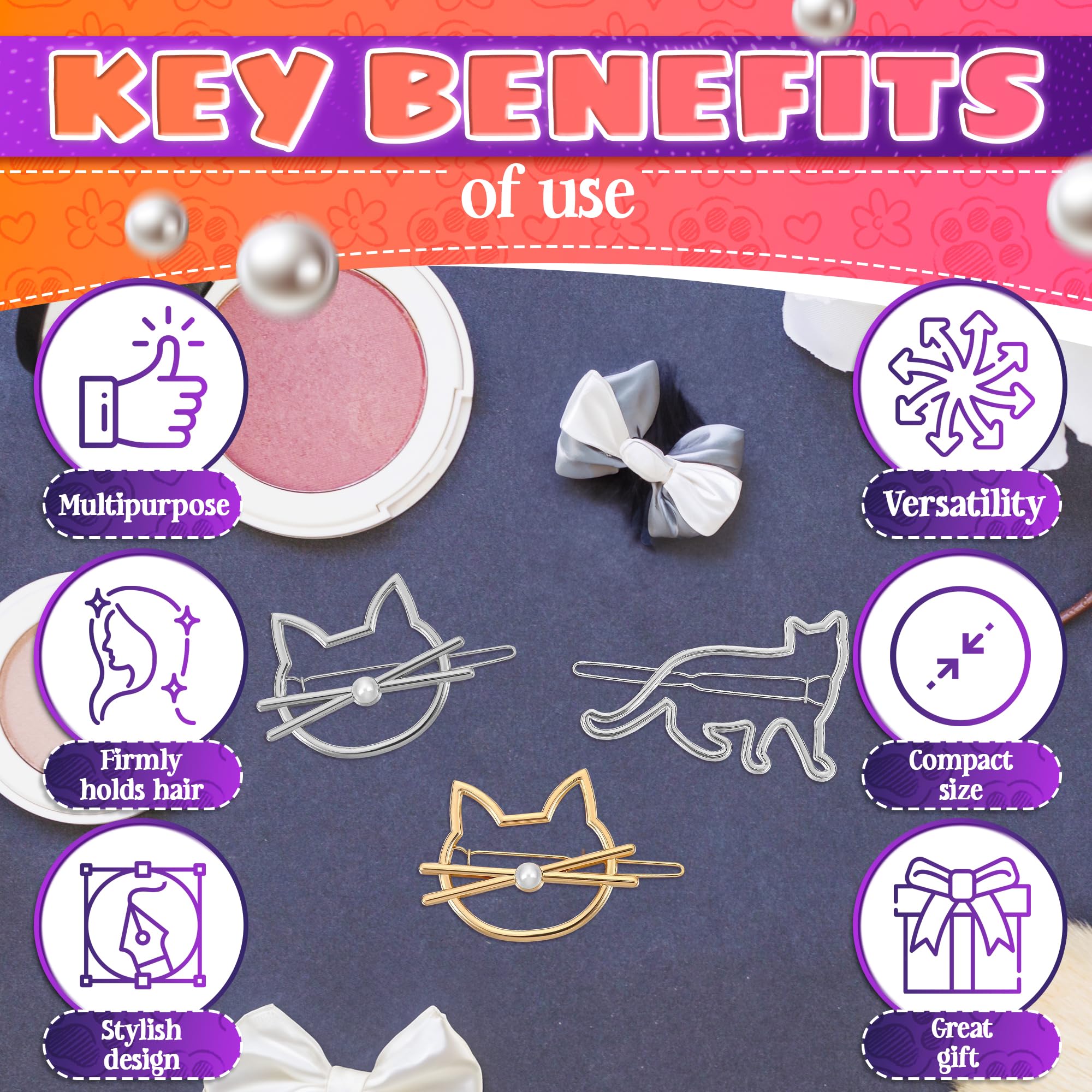 HUELE Set of 3 Cat Kitty Novelty Hair Clip barrette Cat Hair Clips with Pearl for Women and Girls Apply to Party and Casual